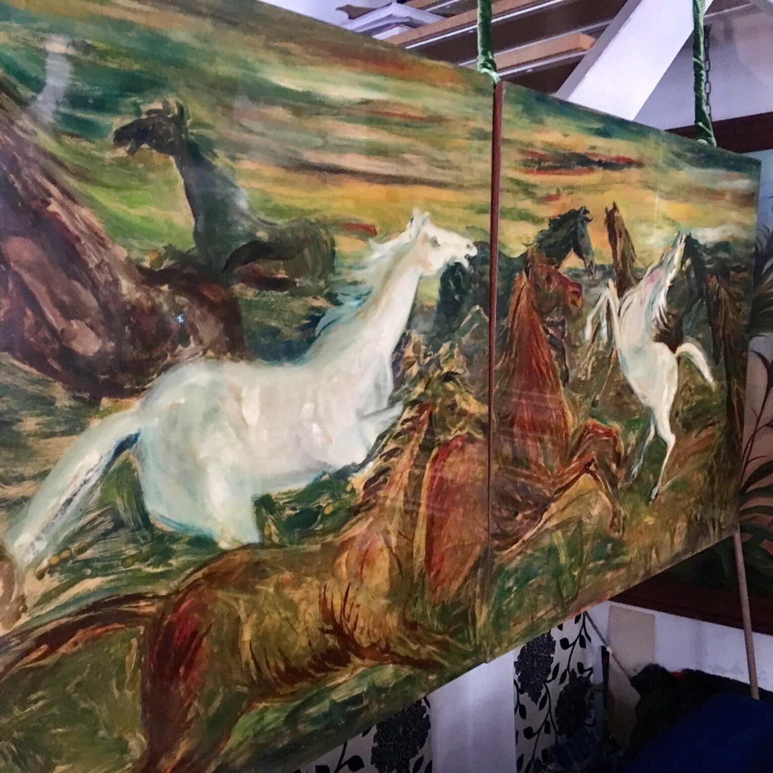 Italian Oil Painted Horses on a Pair of Rectangular Wooden Panels, Signed Decalage, 1956
