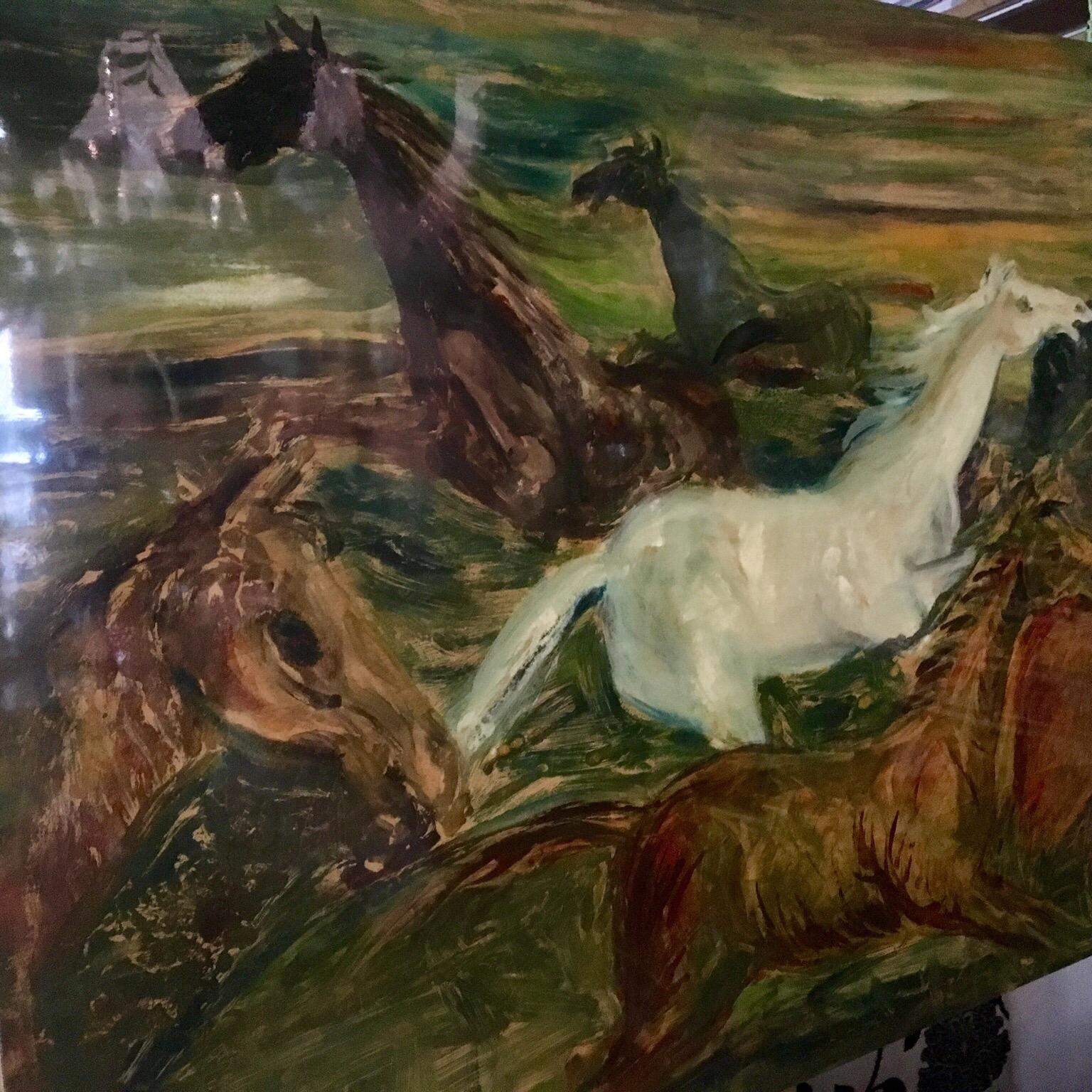 Oil Painted Horses on a Pair of Rectangular Wooden Panels, Signed Decalage, 1956 In Good Condition In Florence, IT