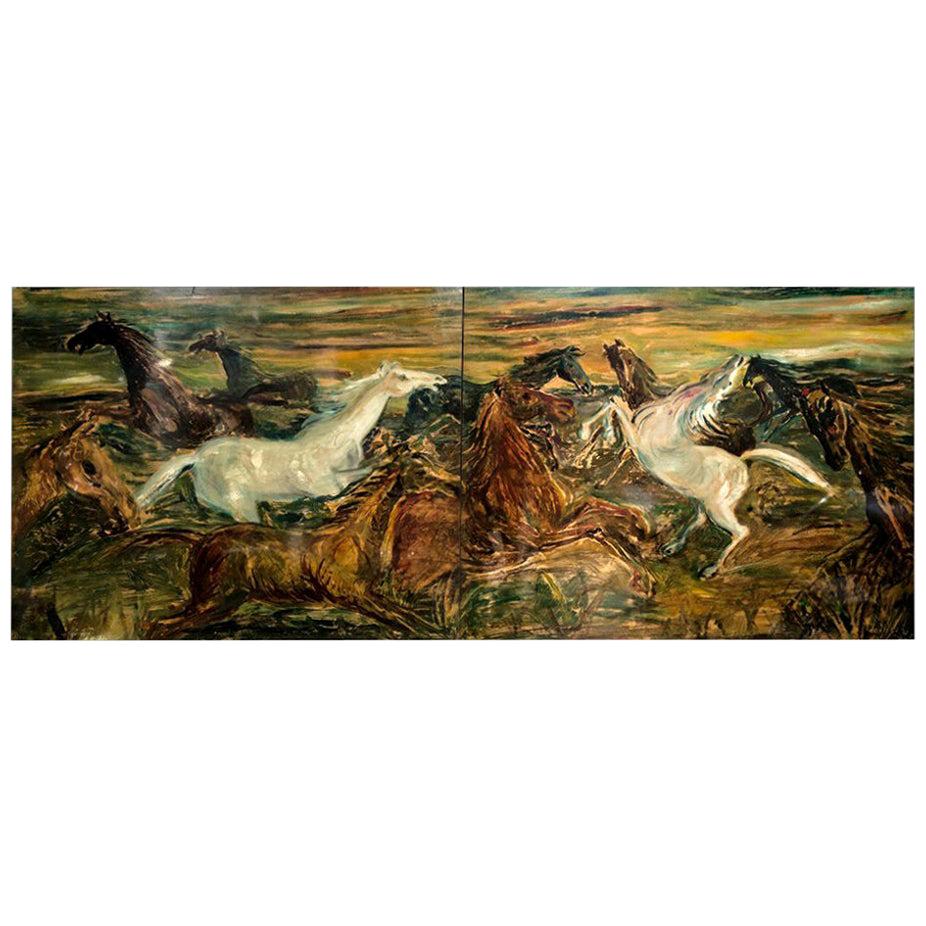 Oil Painted Horses on a Pair of Rectangular Wooden Panels, Signed Decalage, 1956