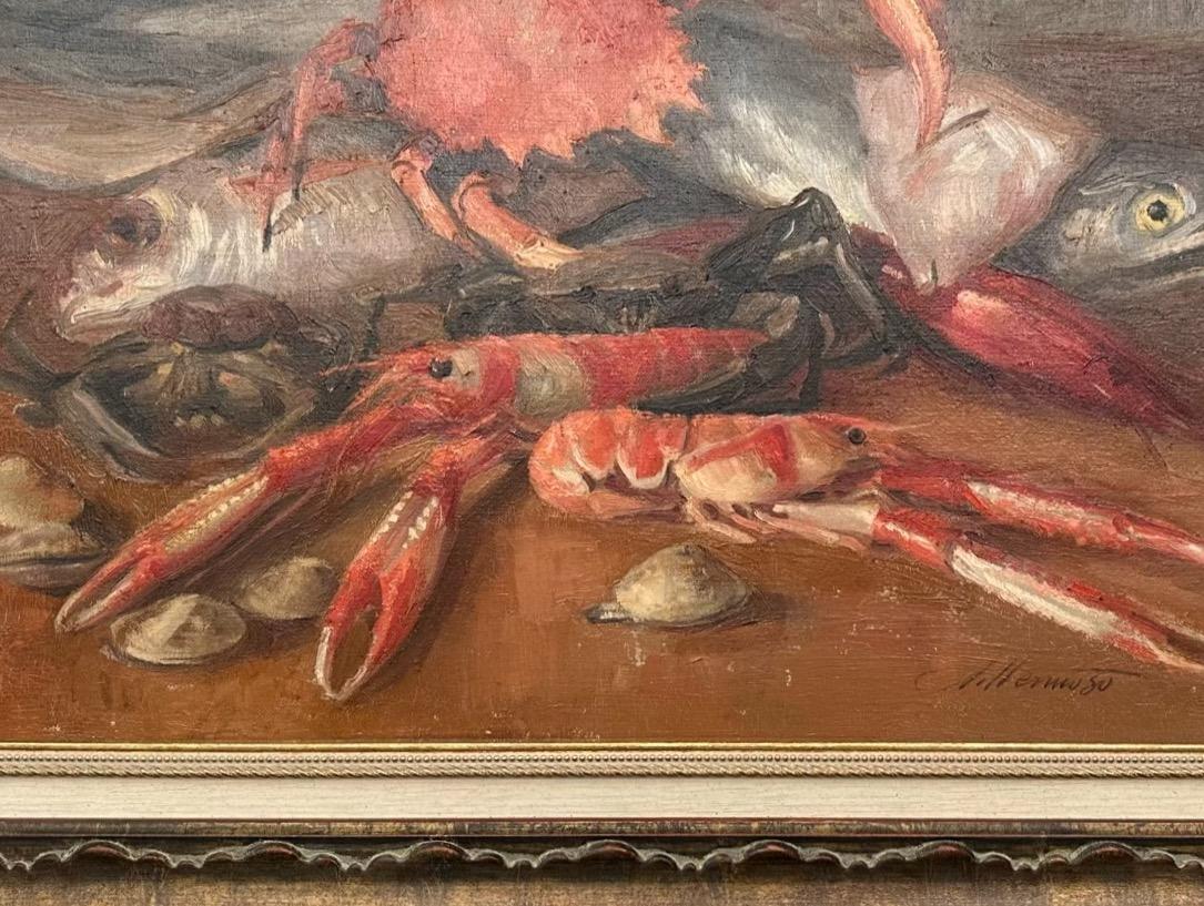 Italian Oil painting about a Beautiful Crab and Fish For Sale