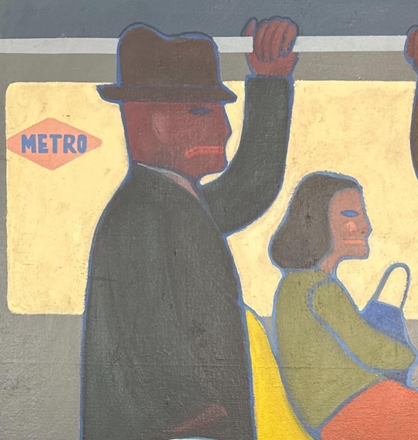 Art déco Peinture à l'huile sur les personnes sur une ligne de train de métro en vente