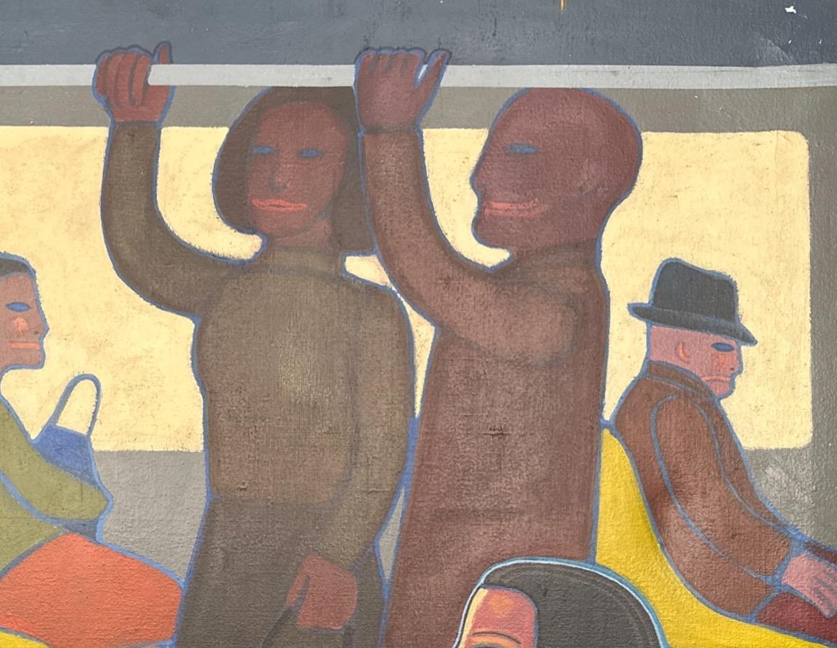 Spanish Oil Painting about People on an subway train route For Sale