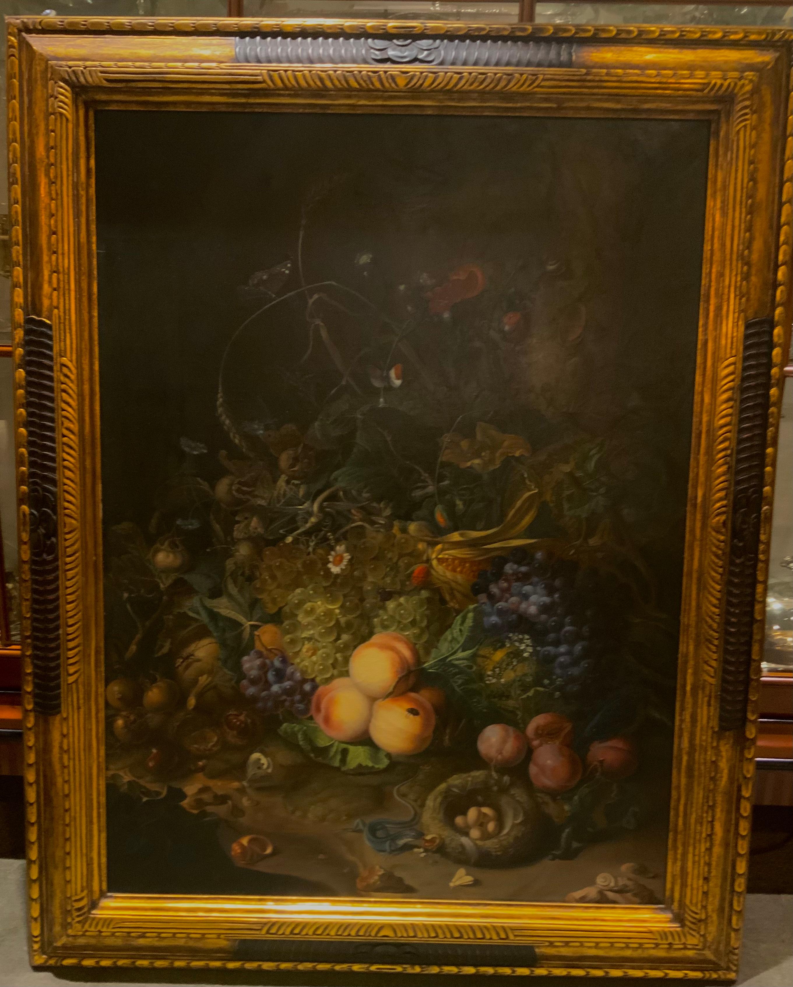 Oil painting on canvas of fruit with bird nest, butterflies, insects, vegetables and
Foliate entangled background. presented in a gilt and parcel black painted wooden frame.
After Leone Checchi in Florence. Un signed.


