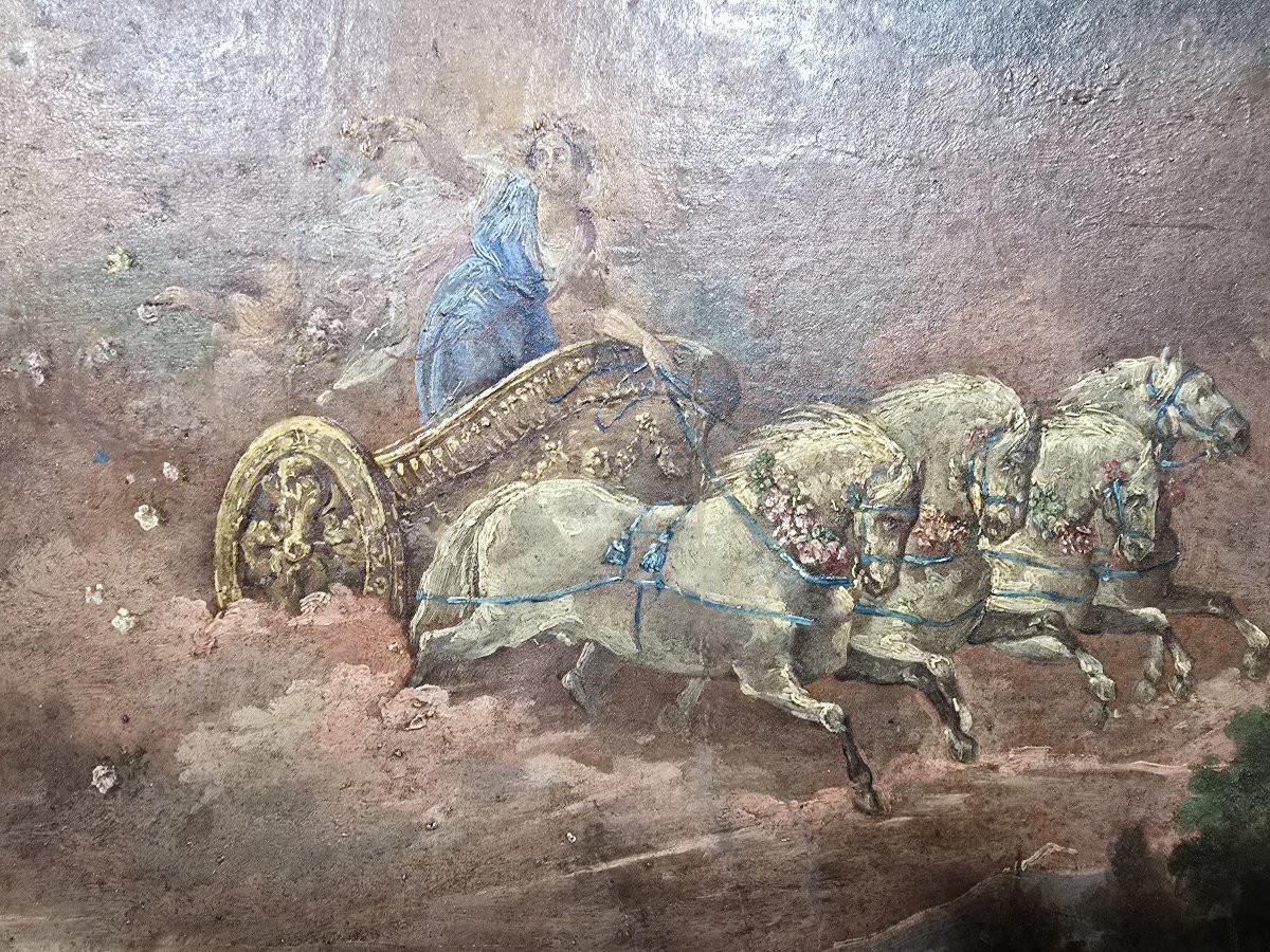 Bedeutendes Öl auf Leinwand, anonymes Werk, das der französischen Schule des 17. Jahrhunderts zugeschrieben wird und eine raffinierte Allegorie der Morgenröte darstellt, einer mythologischen Figur, die mit der Morgendämmerung und der Erneuerung des