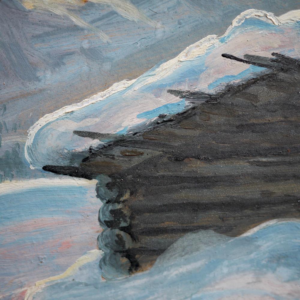 Peinture à l'huile, Alpes, Paysage enneigé, années 1920 en vente 4