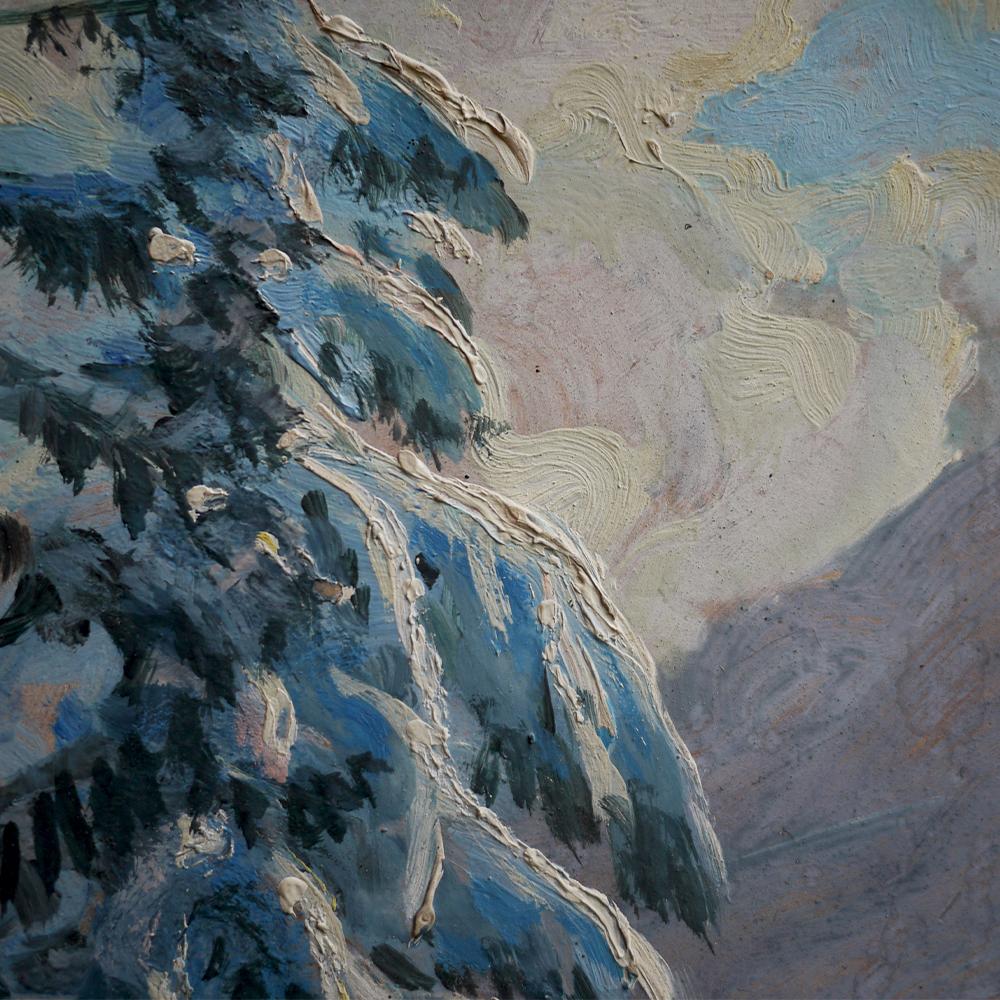 Peinture à l'huile, Alpes, Paysage enneigé, années 1920 en vente 6