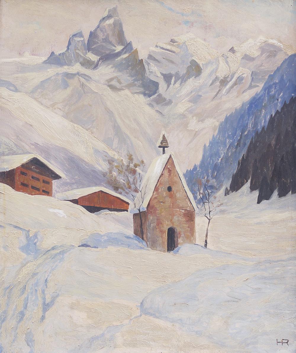 Snowy landscape

Measures: 60 cm x 50 cm without frame - cm 70 x cm 60 with frame (the painting is sold with frame), oil on panel

1920s

The small church of Einödsbach, in the background the peaks of the Trettachspitze, peaks of the Allgäu,