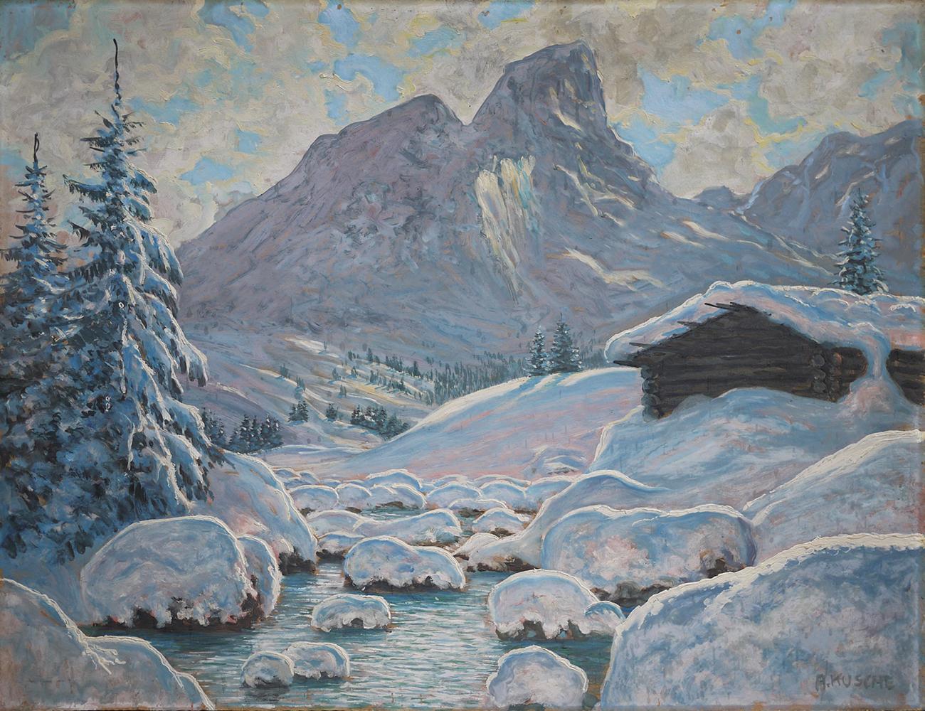 Winter in Tyrol – Snowy landscape

Kusche Alfred 1884–1984

Measures: 56 x 70 cm (dimensions referring to the canvas only; the painting is sold with frame), oil on cardboard,

1920s

Available with the antique fir frame.