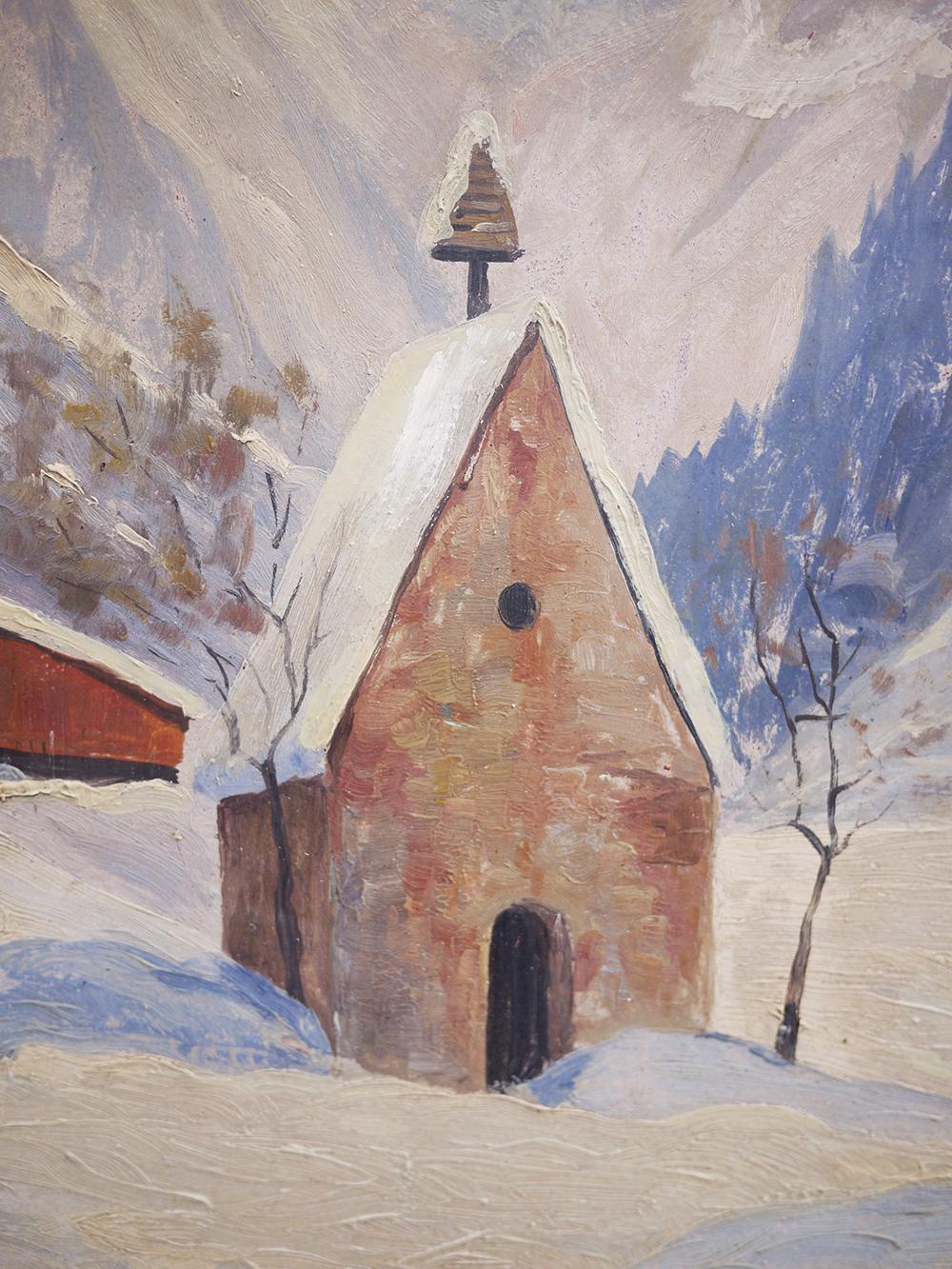 Huilé Peinture à l'huile, paysage des Alpes, paysage enneigé, années 1920 en vente
