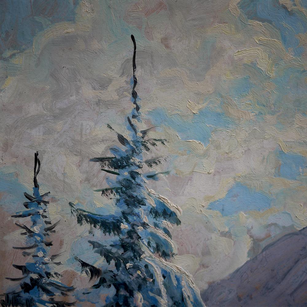 German Oil Painting, Alps, Snowy Landscape, 1920s For Sale