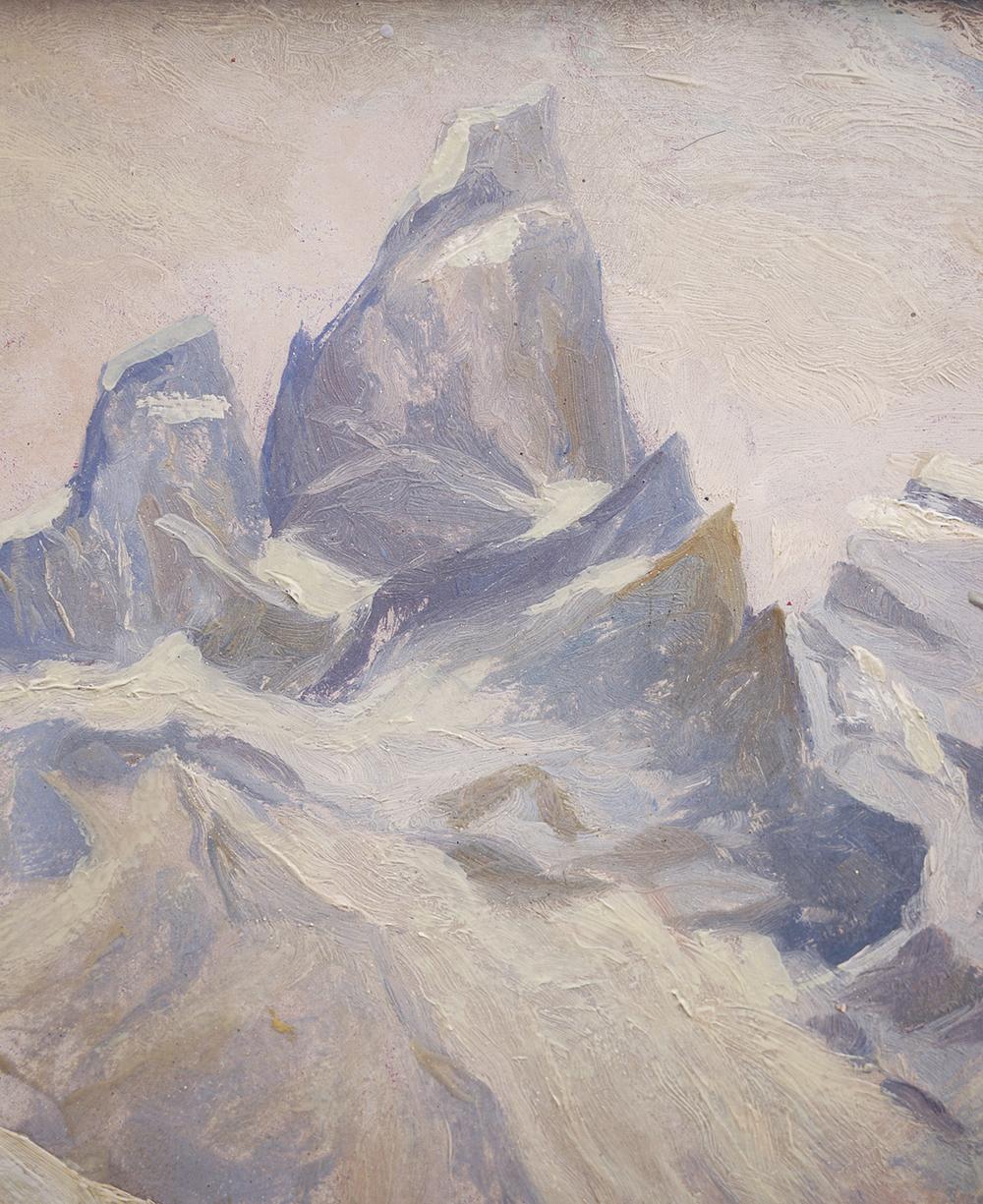 Début du 20ème siècle Peinture à l'huile, paysage des Alpes, paysage enneigé, années 1920 en vente
