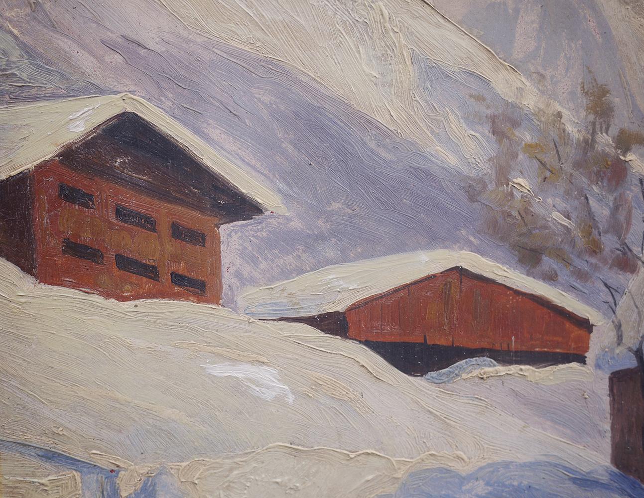 Peinture à l'huile, paysage des Alpes, paysage enneigé, années 1920 en vente 2