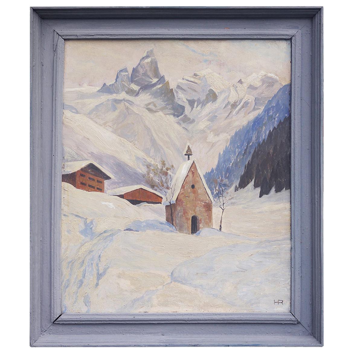 Peinture à l'huile, paysage des Alpes, paysage enneigé, années 1920 en vente