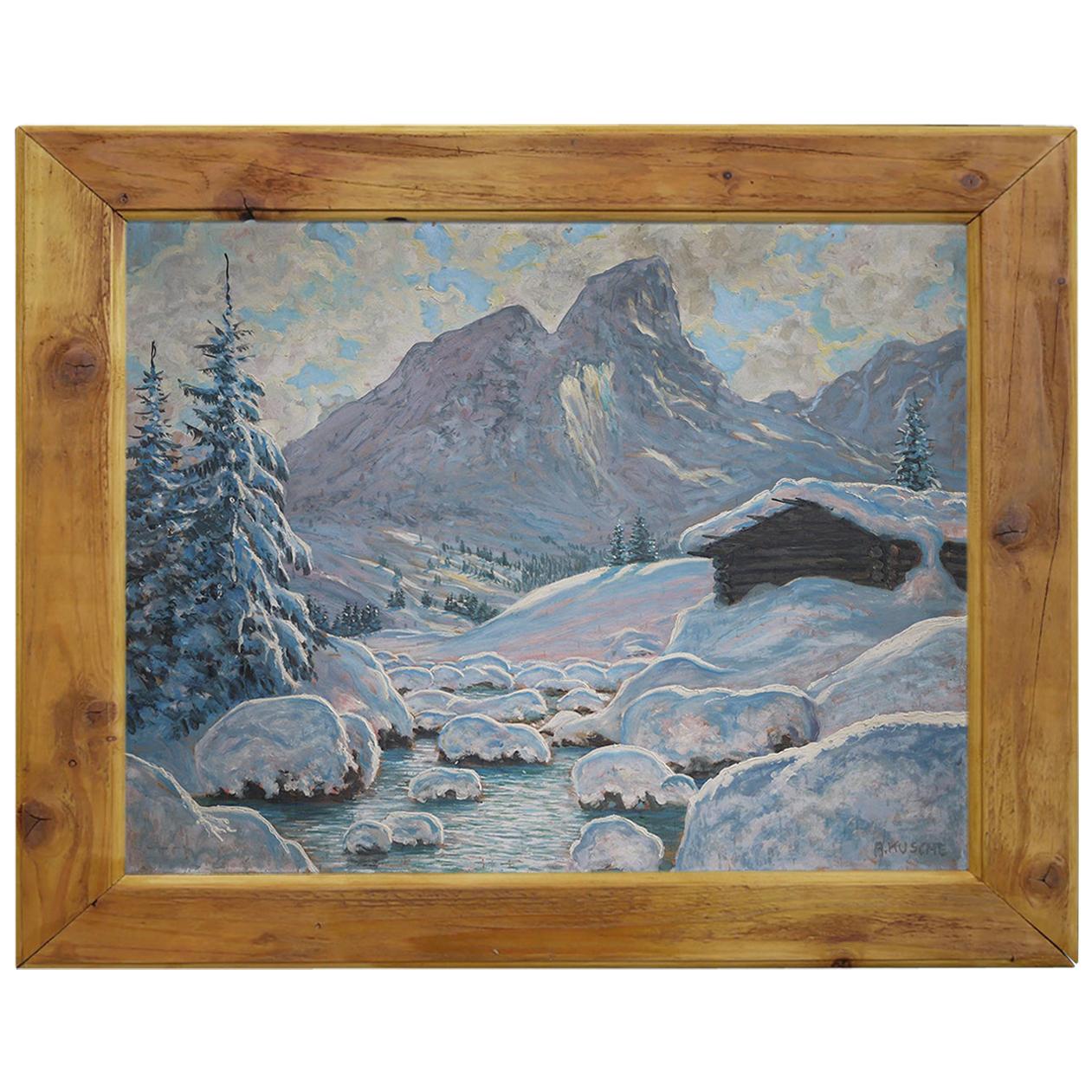 Peinture à l'huile, Alpes, Paysage enneigé, années 1920 en vente