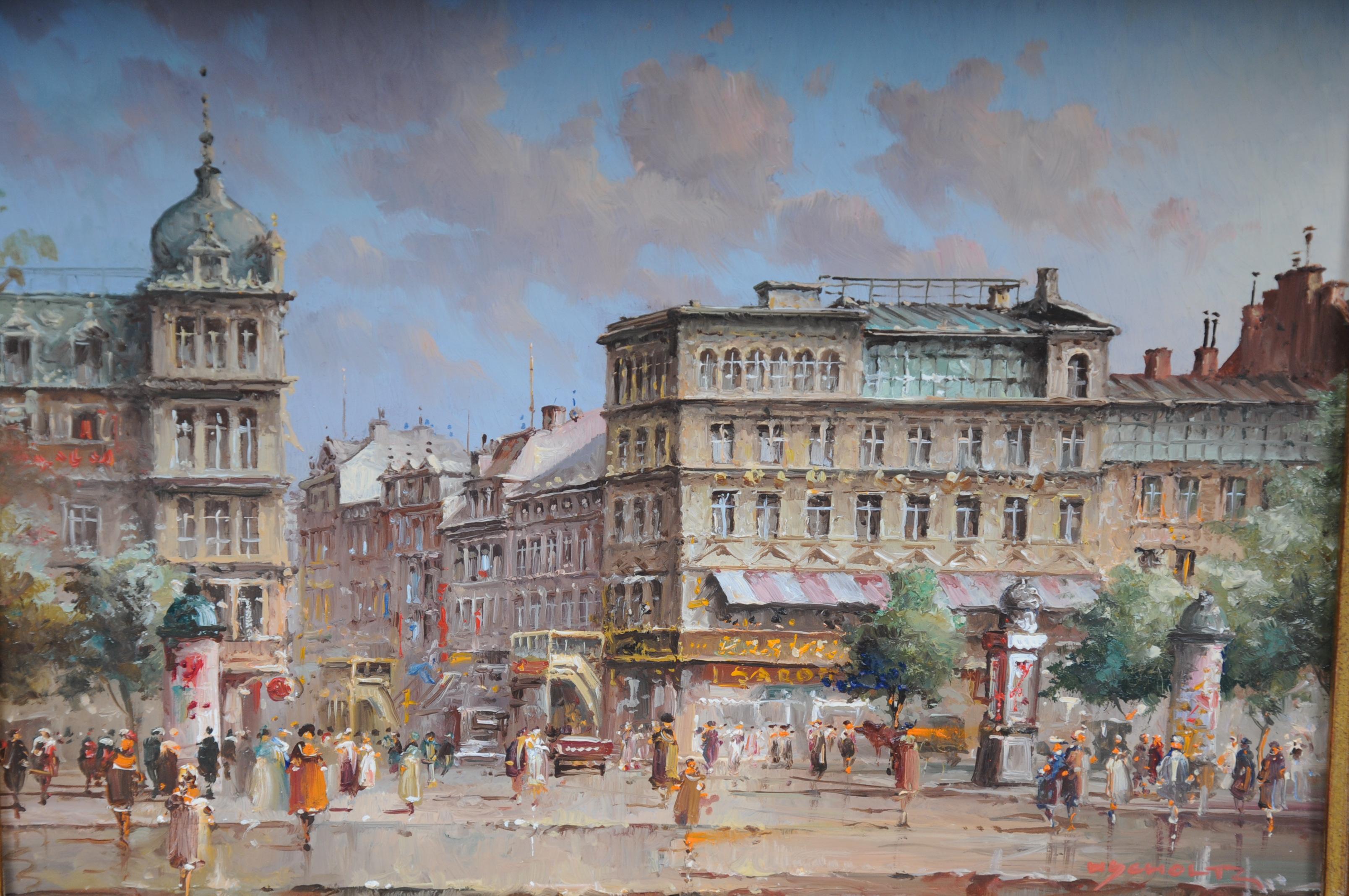 Hand-Painted Oil Painting Berlin Kranzler-Eck/Kranzlereck Signed Heinz Scholtz, 20th Century