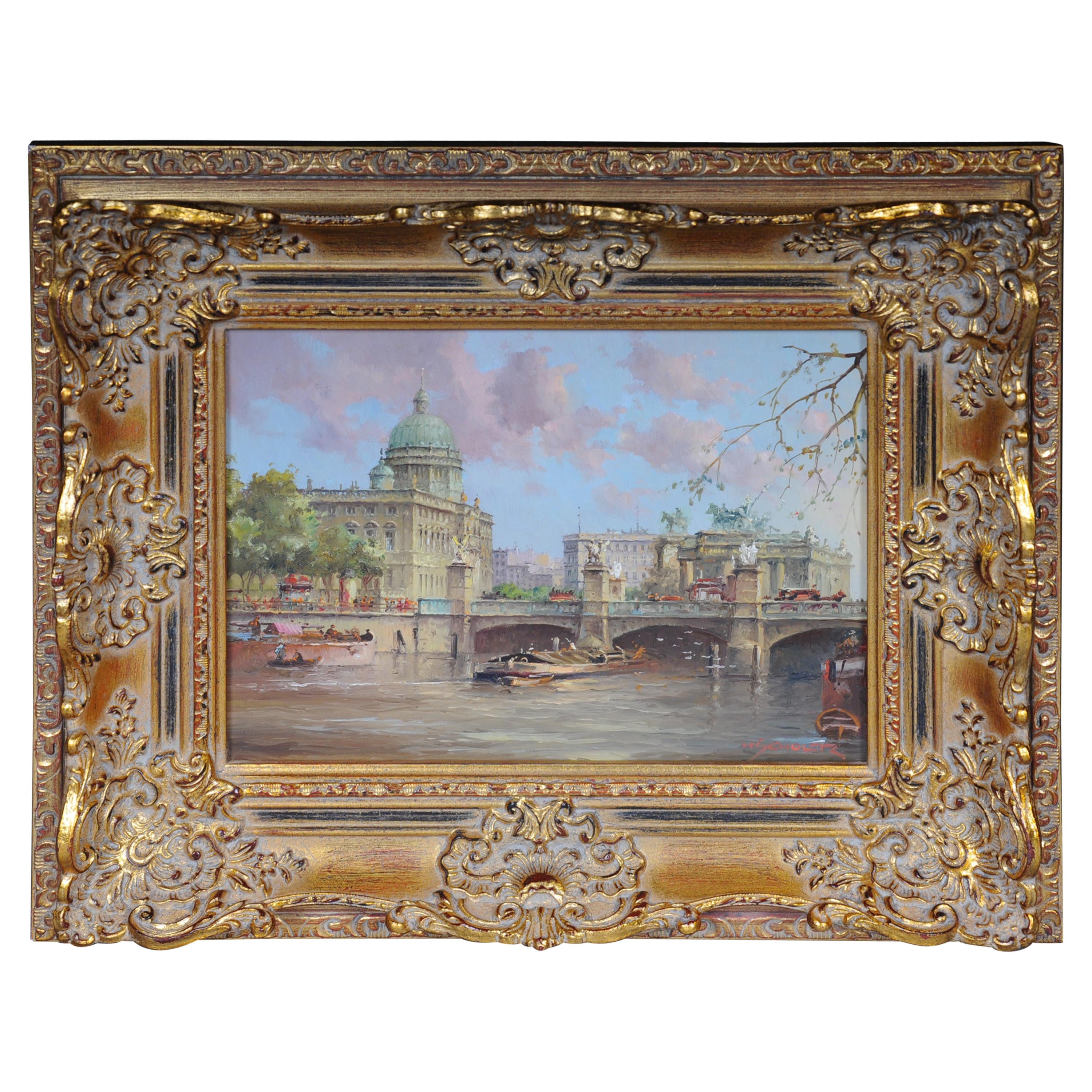 Peinture à l'huile de Berlin - Panneau Schlossbrcke, Heinz Scholtz, 20ème siècle en vente