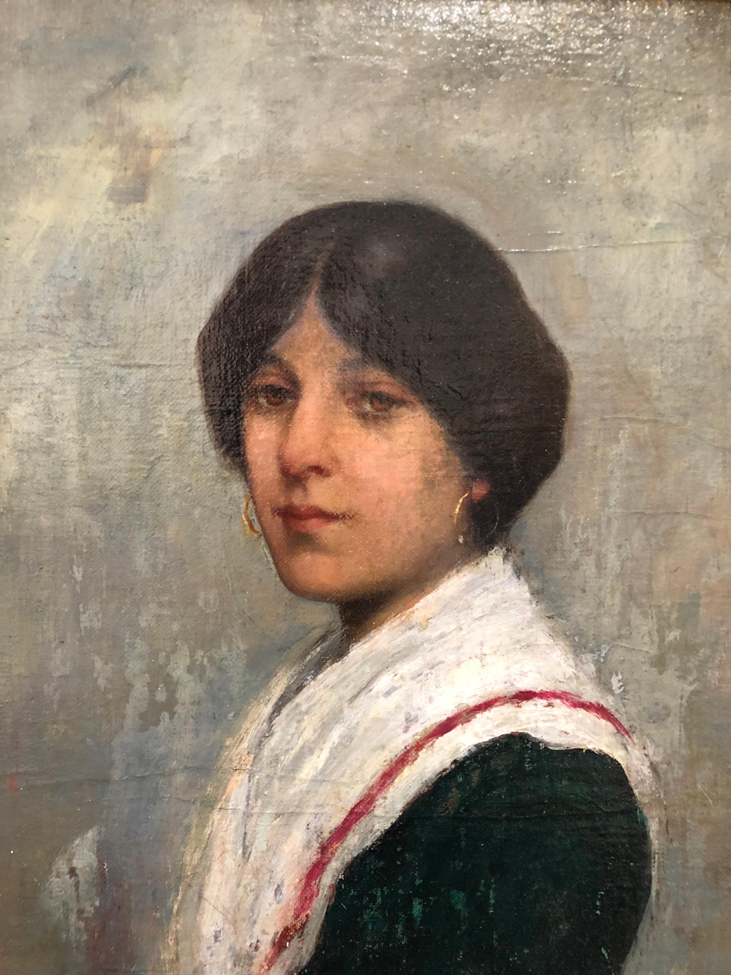 An oil-on-canvas portrait titled “Ideal Head” by artist Albert Grantley Reinhart, signed and dated lower right Venice 1882. Canvas size 14 x 11.