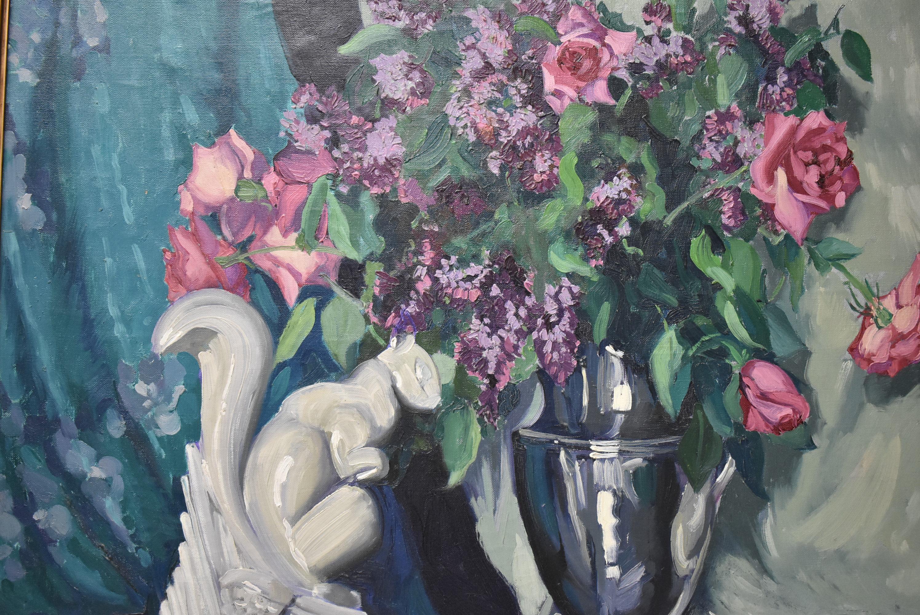 Oil painting on canvas by American artist Leonore Smith Jerrems with Necomb Macklin frame. Lovely floral arrangement in deep tones of blues, greens, pinks and purples complemented by a whimsical squirrel figure. Interesting detail surrounds the