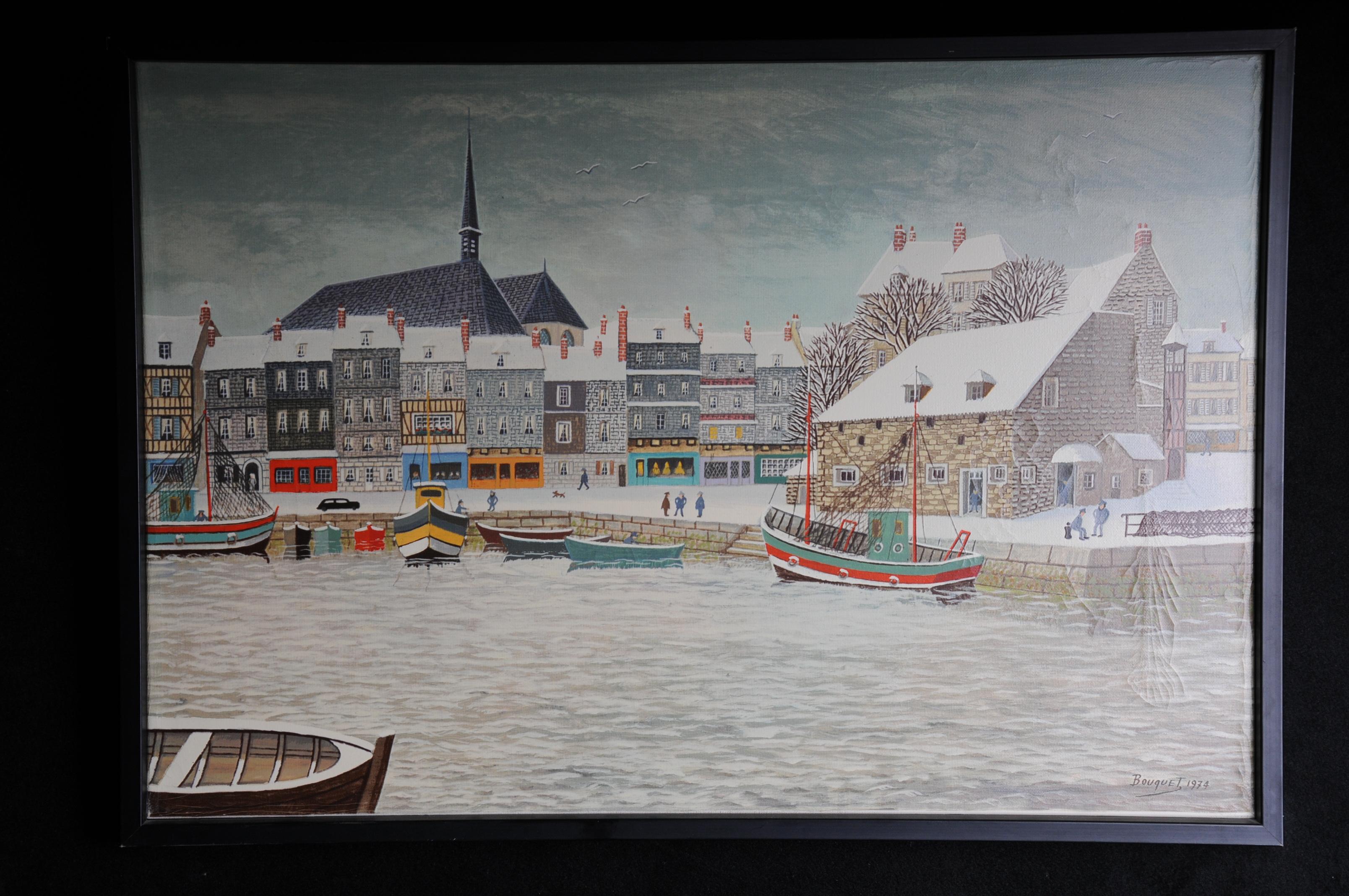 Oil painting by André Bouquet harbor in winter

Painted oil on canvas. View of a French port city with fishing and paddle boats.
André Bouquet (1897-1987) French painter. With black stretcher

(S-233).