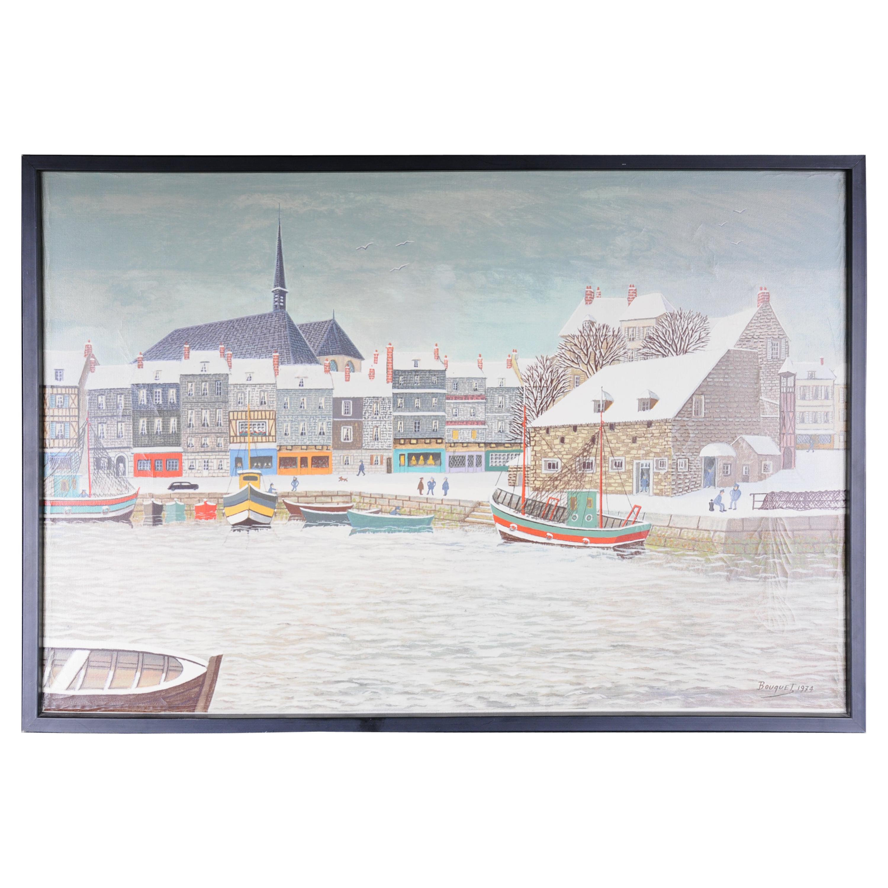 Oil Painting by André Bouquet Harbor in Winter For Sale