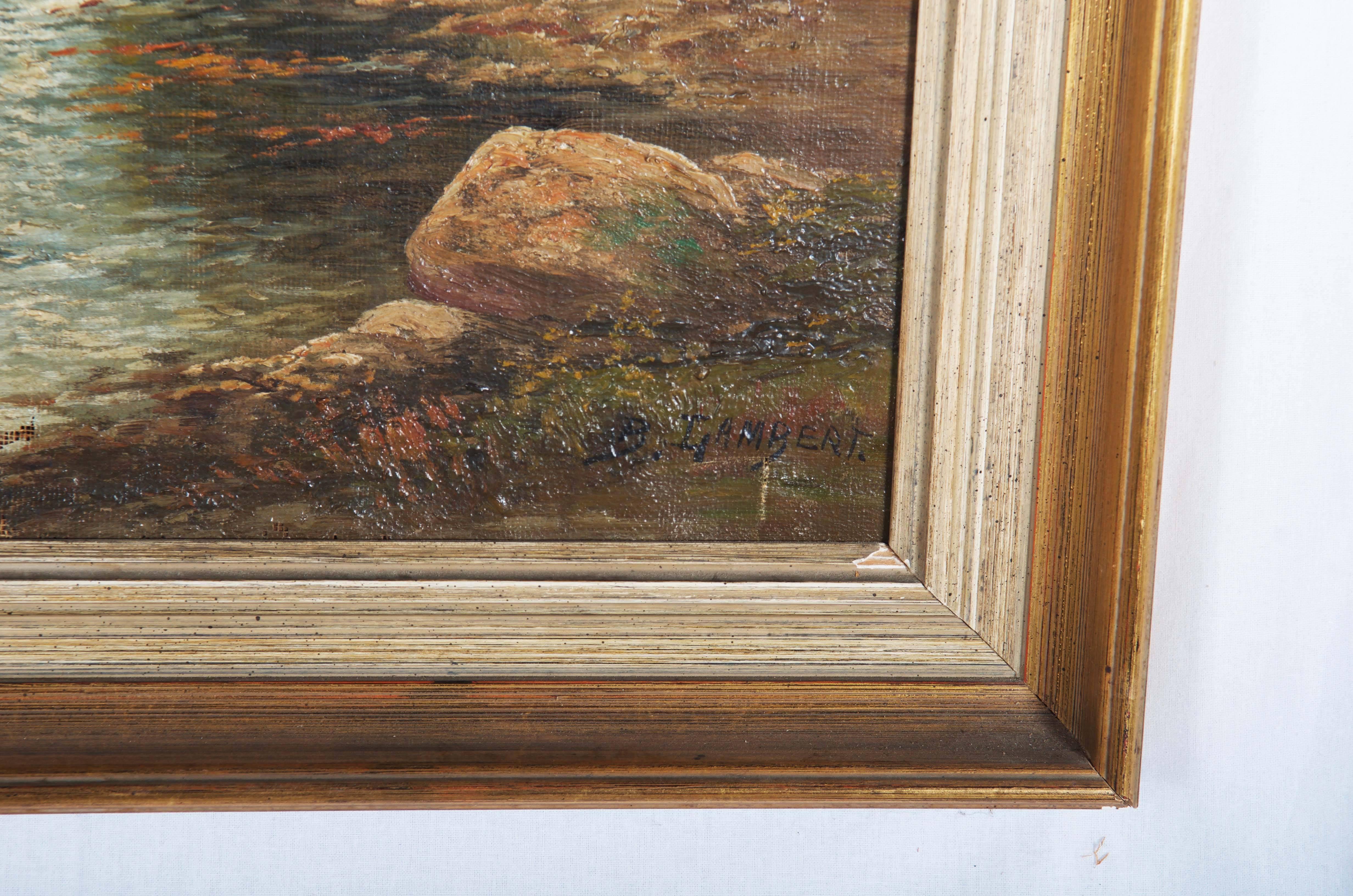 Peinture à l'huile de Kal Kaufmann (signée B. Lambert (1843 - 1901))
Paysage d'automne (scène de forêt) avec rivière
Le cadre extérieur mesure 92 x 45 cm. La photo actuelle mesure 82 x 35 cm. Les petits dommages devraient être restaurés.
  
