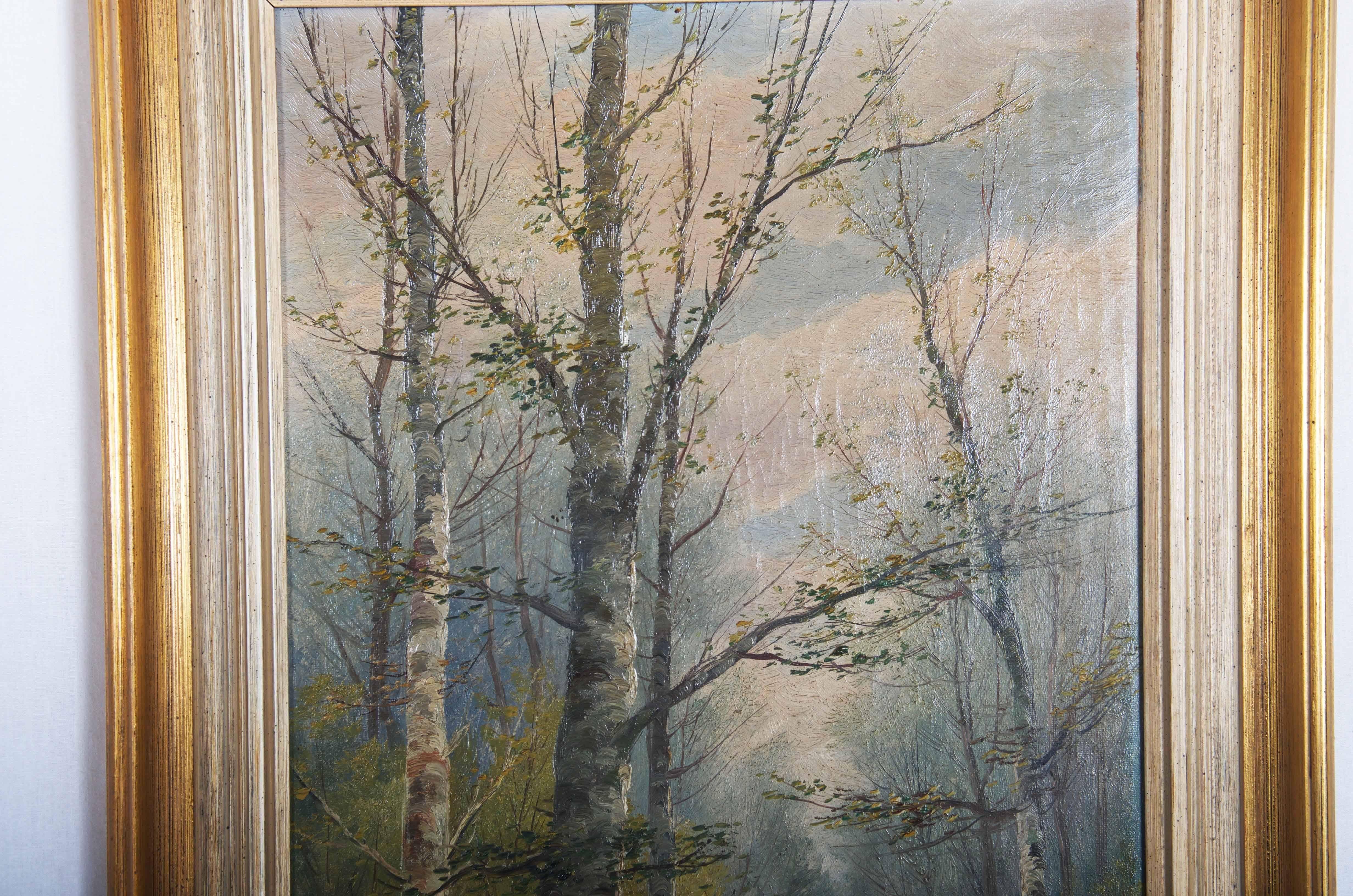 Oil painting by Karl Kaufmann (signed B. Lambert (1843-1901))
Autumn landscape (forest scene) with river
The outer frame measures 92 x 45cm. The actual picture is 82 x 35cm big. Good original condition.