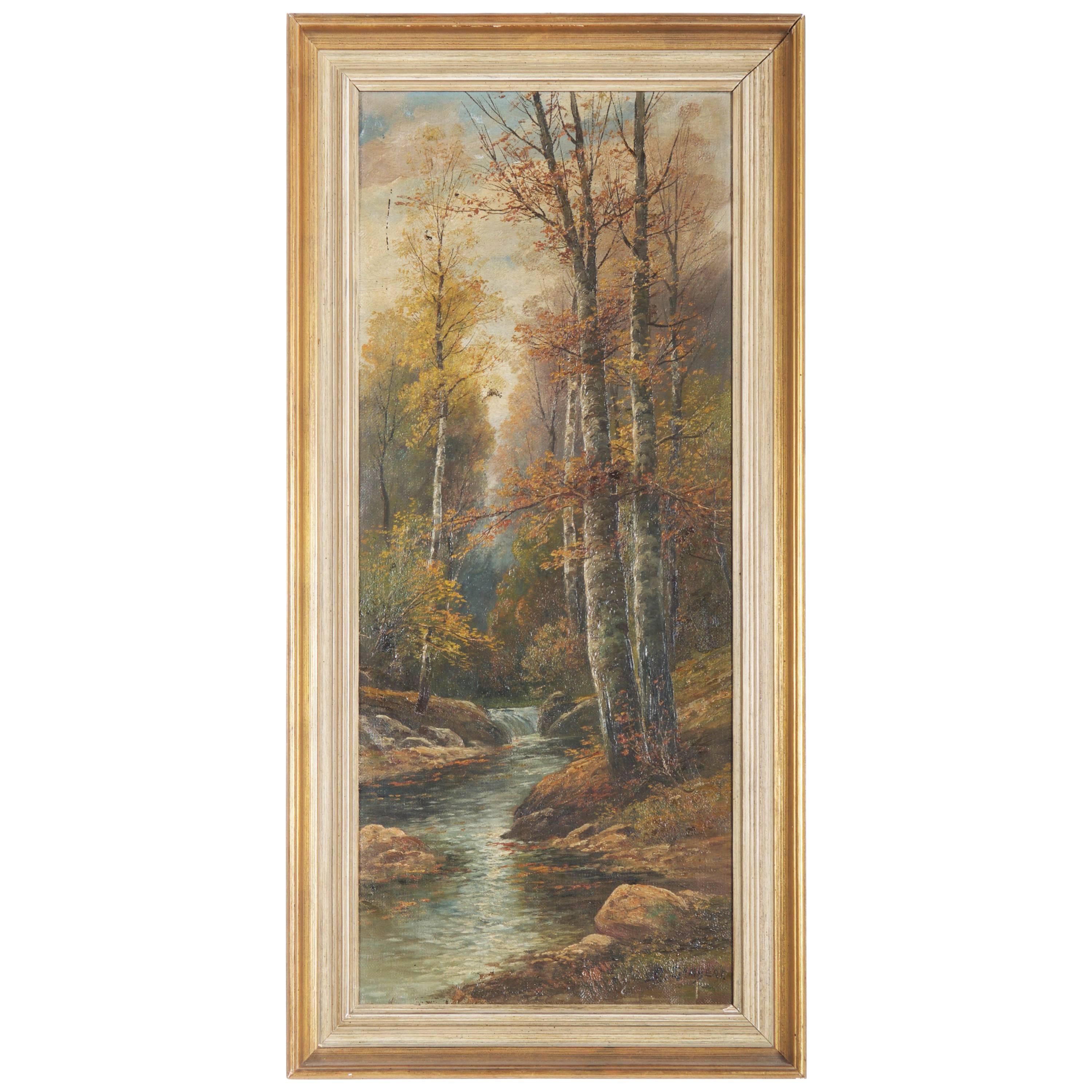 Peinture à l'huile d'un paysage d'automne avec une rivière par B. Lambert / K. Kaufman