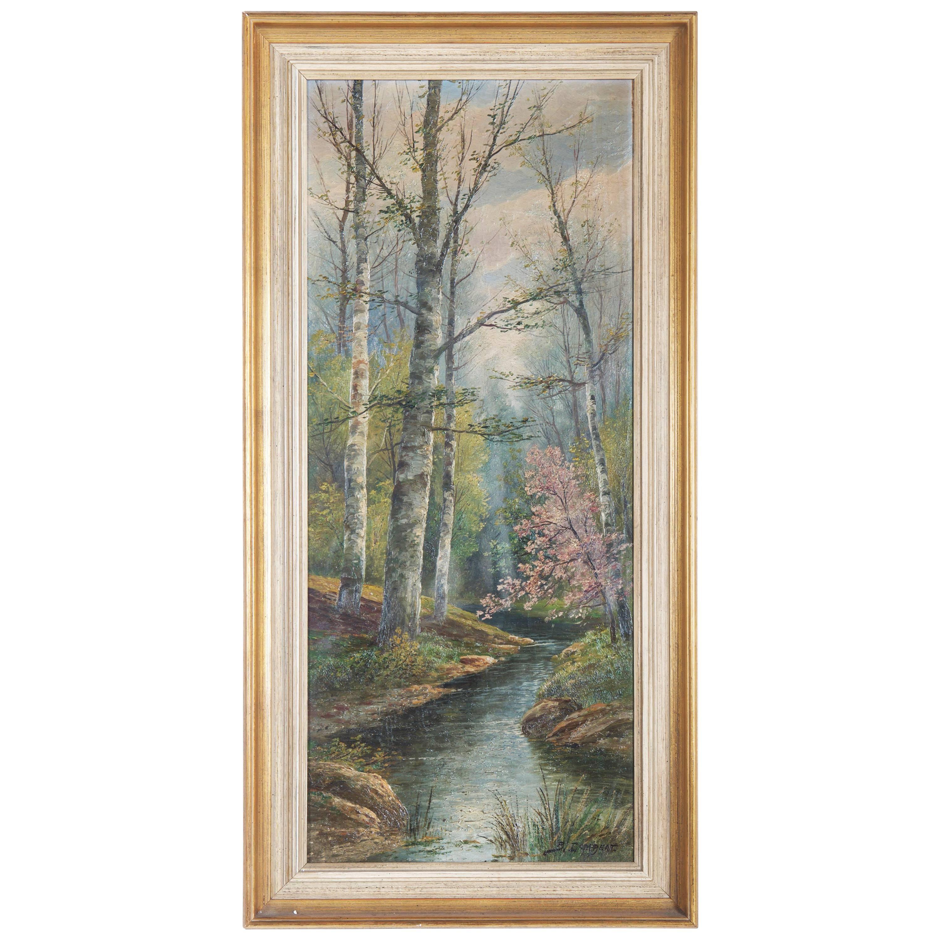 Peinture à l'huile d'un paysage d'automne avec une rivière par B. Lambert / K. Kaufman en vente