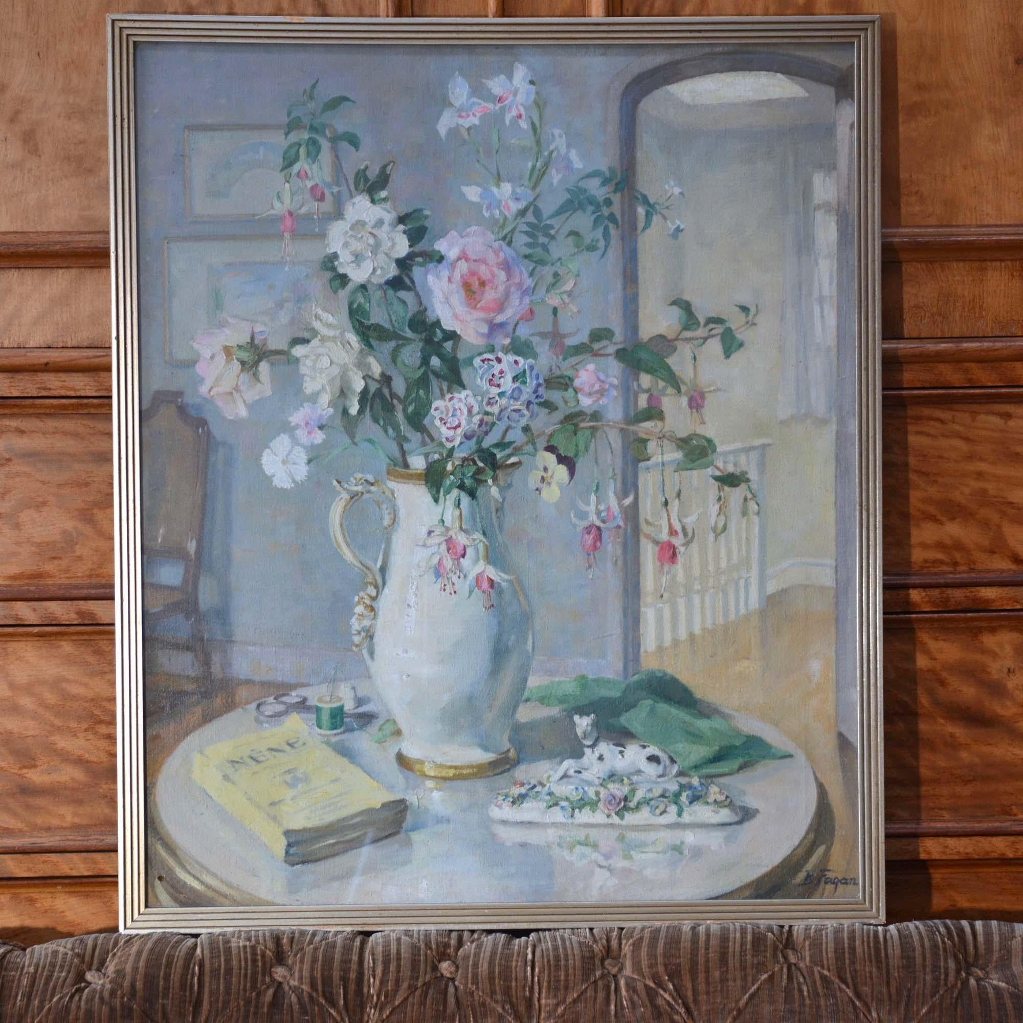 Artist: Betty Maude Christian Fagan (British, d.1932)
Title: Flowers on the landing
oil on board, signed 'B. Fagan' in the lower right corner. 

The painting is framed and glazed in a silvered stepped frame that dates to the time the work was