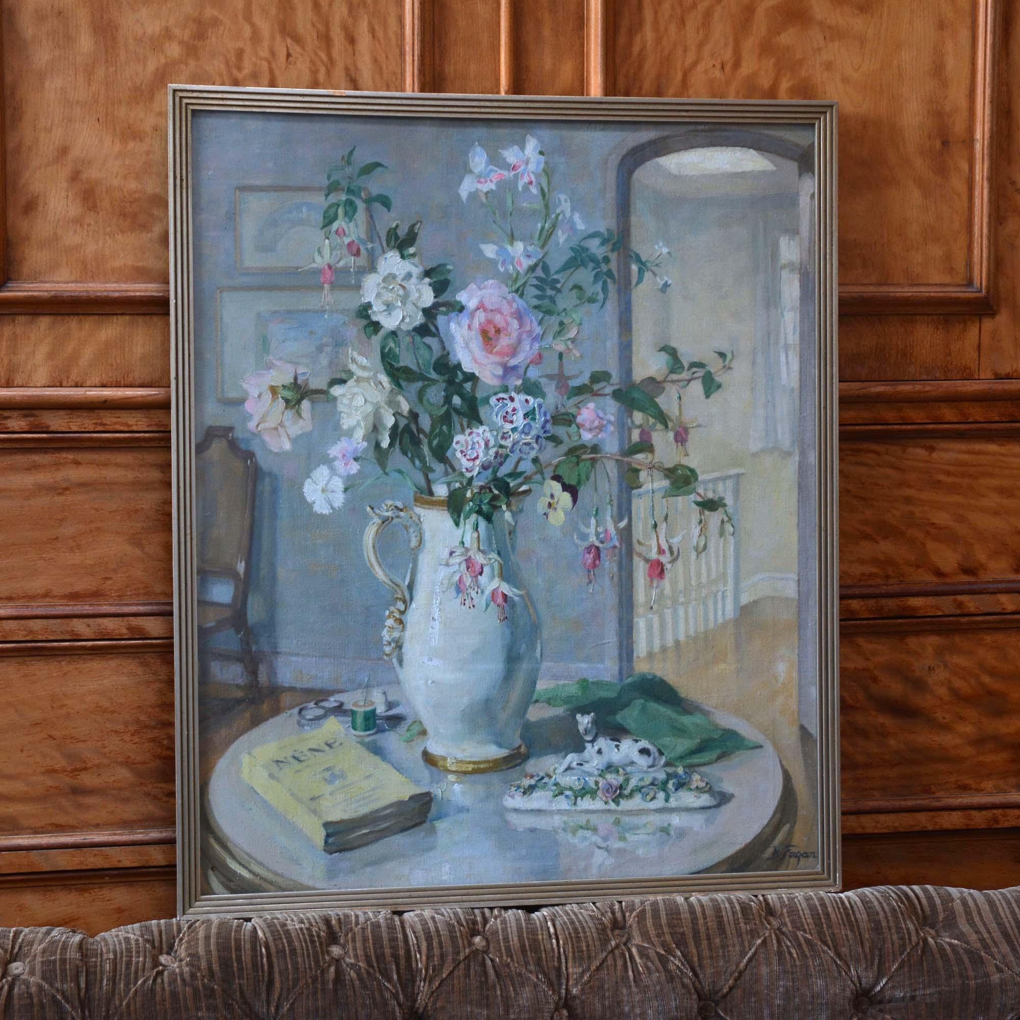 Hand-Painted Oil painting by Betty Maude Christian Fagan of flowers on a landing For Sale