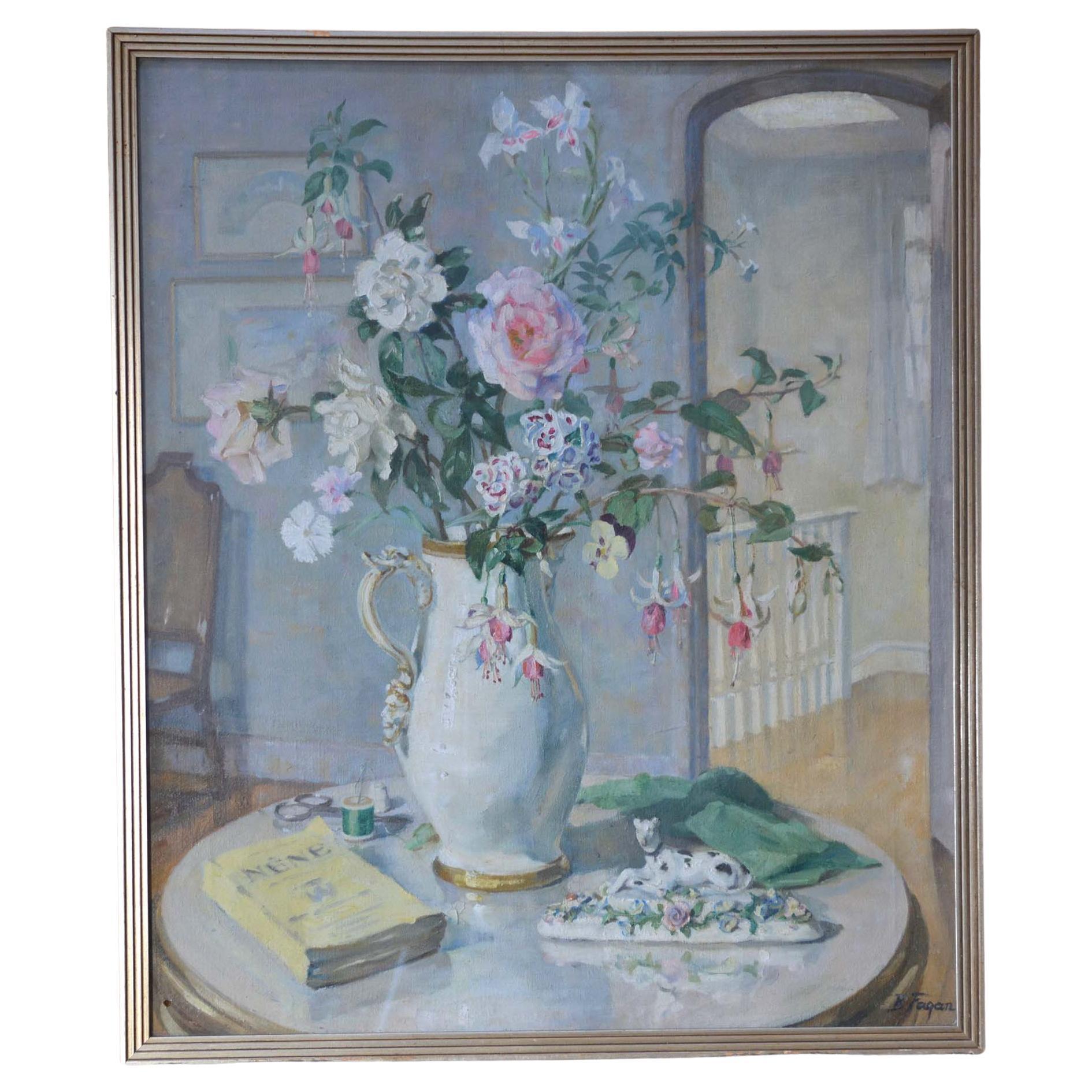 Oil painting by Betty Maude Christian Fagan of flowers on a landing For Sale