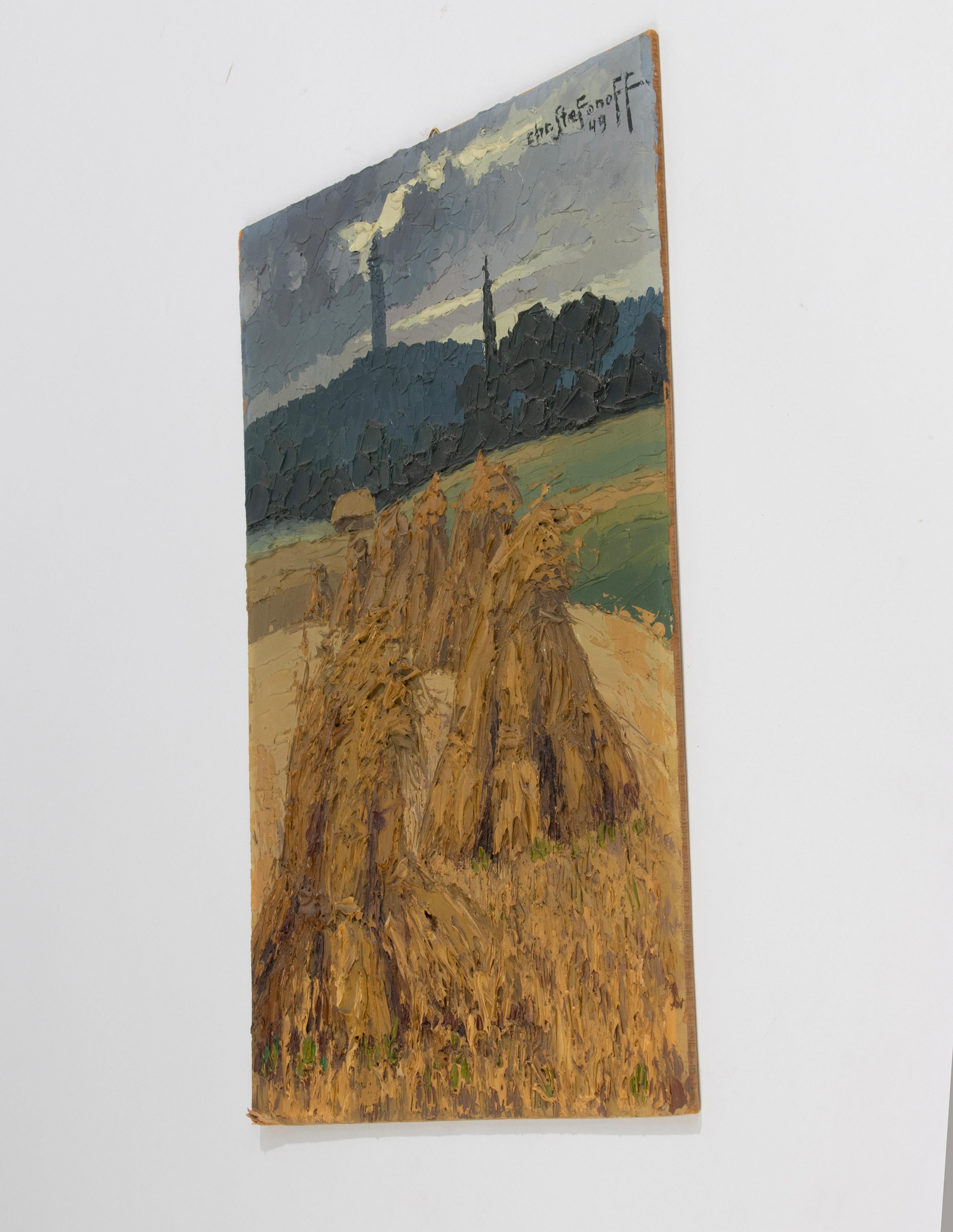 Oil Painting by Christo Stefanoff -  Sheaves of wheat - dated 1949 For Sale 2