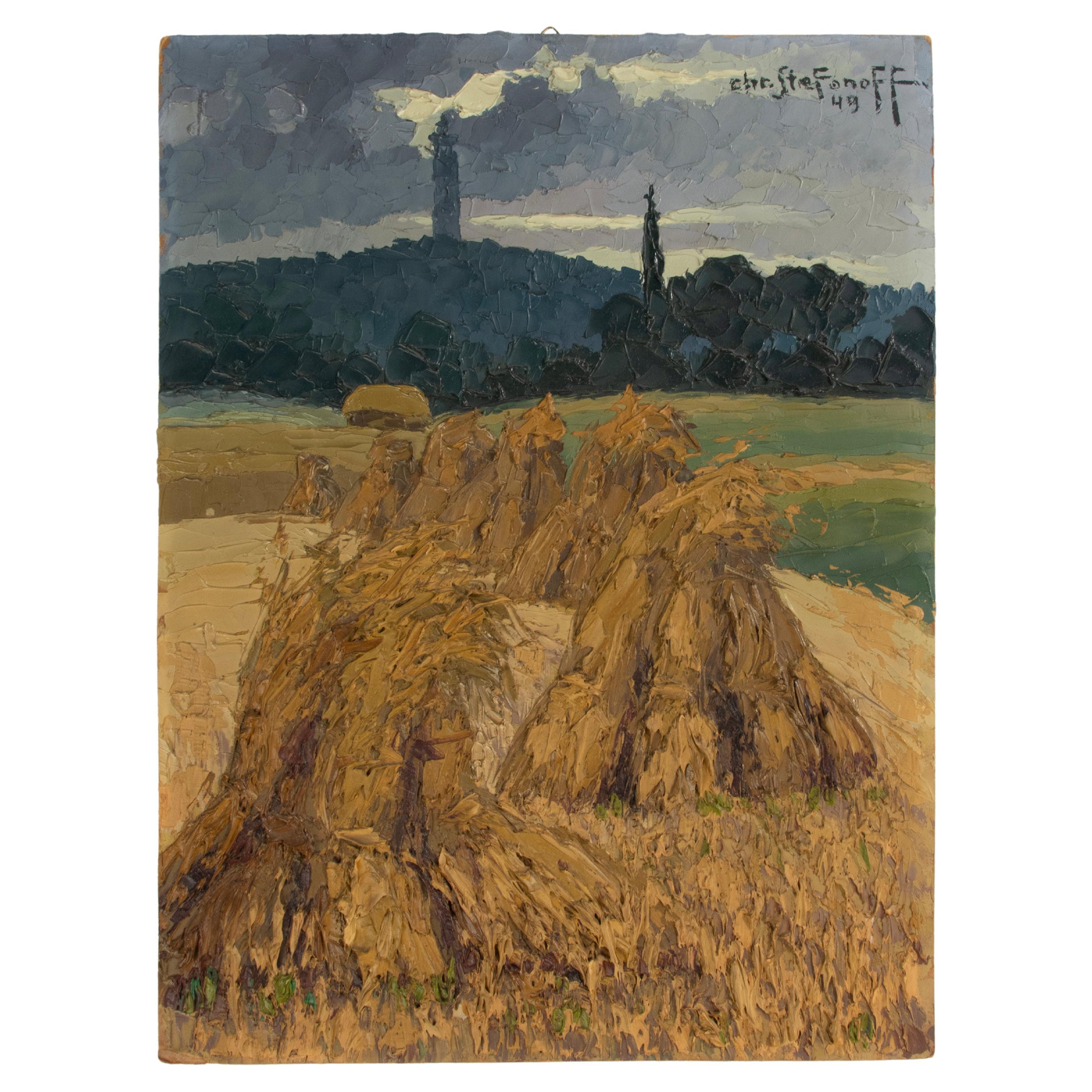 Pintura al óleo de Christo Stefanoff -  Gavillas de trigo - fechado en 1949