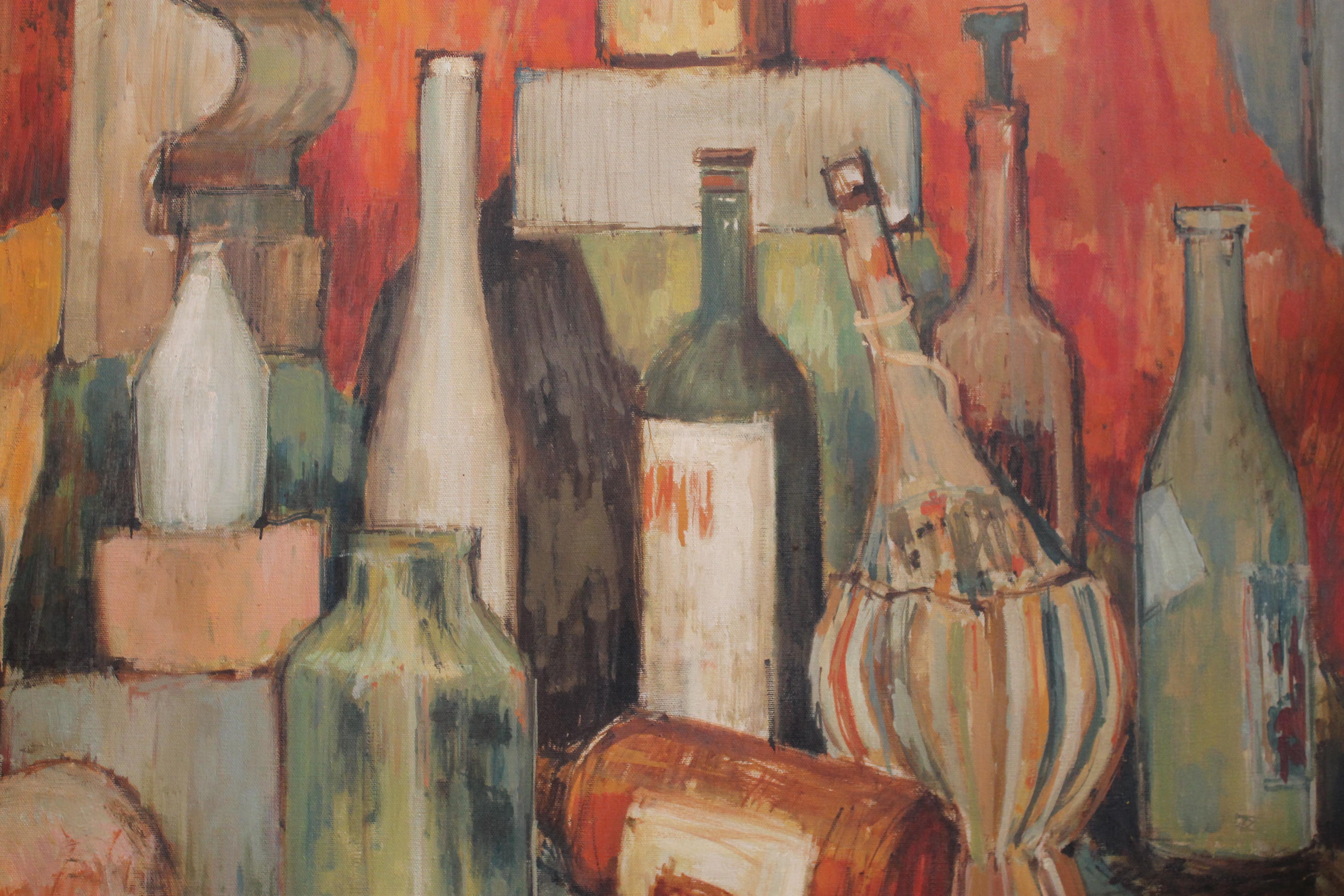 Oil painting by Ed Blackburn titled Bottles. Painting measures 33.25