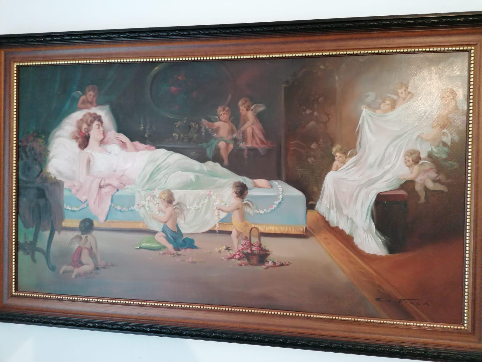 Oil painting by Emil Fiala (signed Em. Fiala (1882-1953))
Showing sleeping beauty with cherubs 
Good original condition.