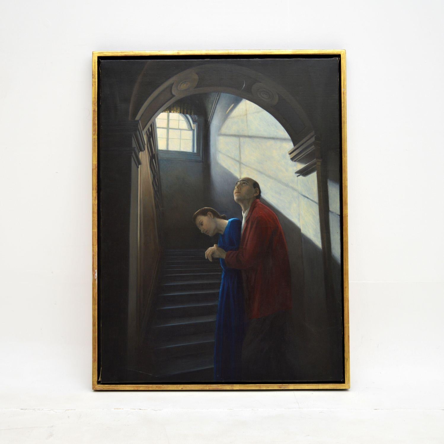 A beautiful original oil painting by well known artist Genevieve Dael (French, born 1947).

This is extremely well executed, it depicts a couple in a mysterious and atmospheric scene.

This was created in 1993 and was originally in the Francis Kyle
