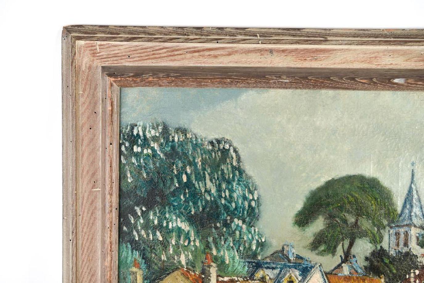 French village view. Oil on canvas. Location possibly identified on stretcher. Signed lower center.
Dimensions: (Frame) H 27.25