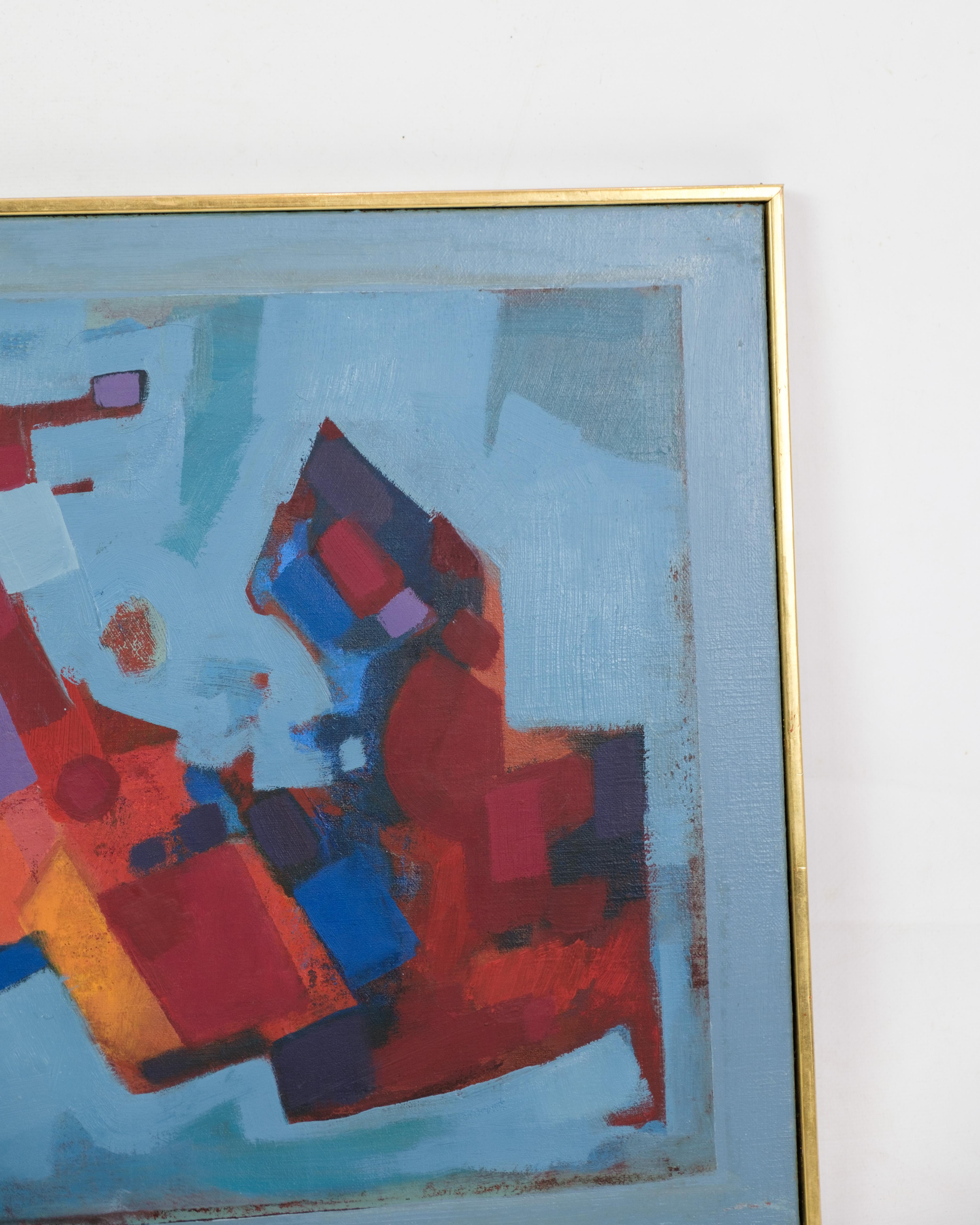 Cette peinture à l'huile de Gudmund Olsen est un exemple impressionnant d'art abstrait. Le tableau présente un équilibre harmonieux entre les formes géométriques et les contrastes de couleurs, avec de riches teintes rouges, bleues et violettes qui