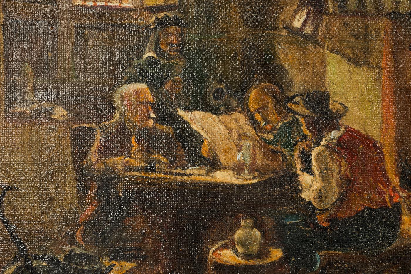 Painting, oil on canvas, 'In a Room'. Showing four men sitting at the table in a bourgeois interior, signed lower right, framed, size 28 x 23 cm, total size 44.5 x 38 cm, loose frame, partially slight abrasion of paint.