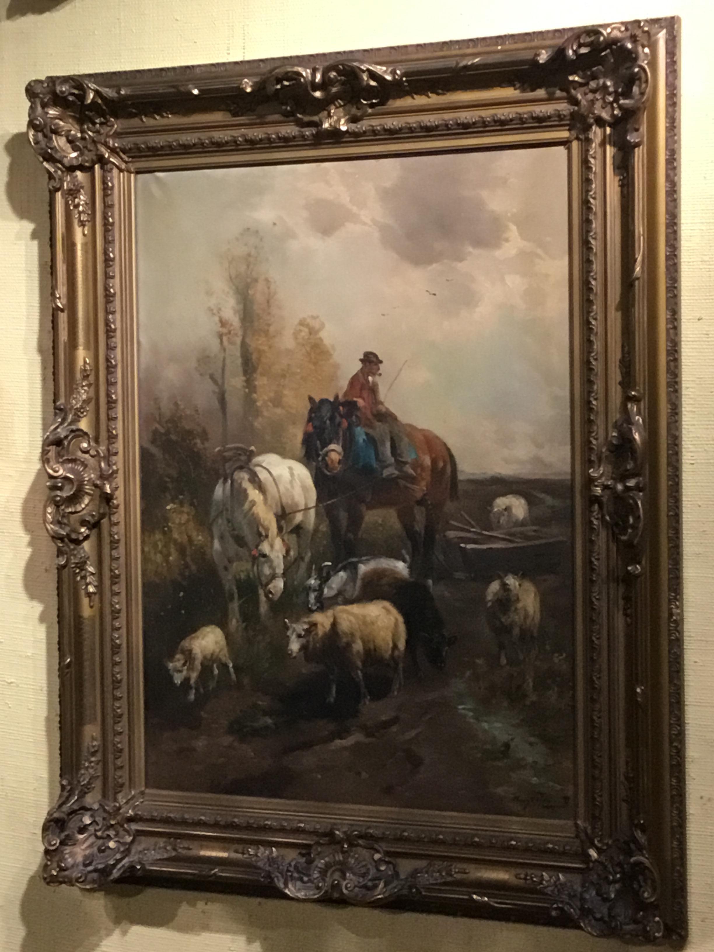 Oil on canvas by noted artist Henri Schouten known for his ability to capture farm animals.
Great use of color depicting a farmer on horseback moving his herd of sheep.
Signed lower right.

  