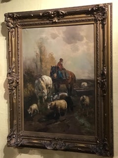 Oil Painting by Henri Schouten, Farm Scene with Farmer and Animals, 1857-1927