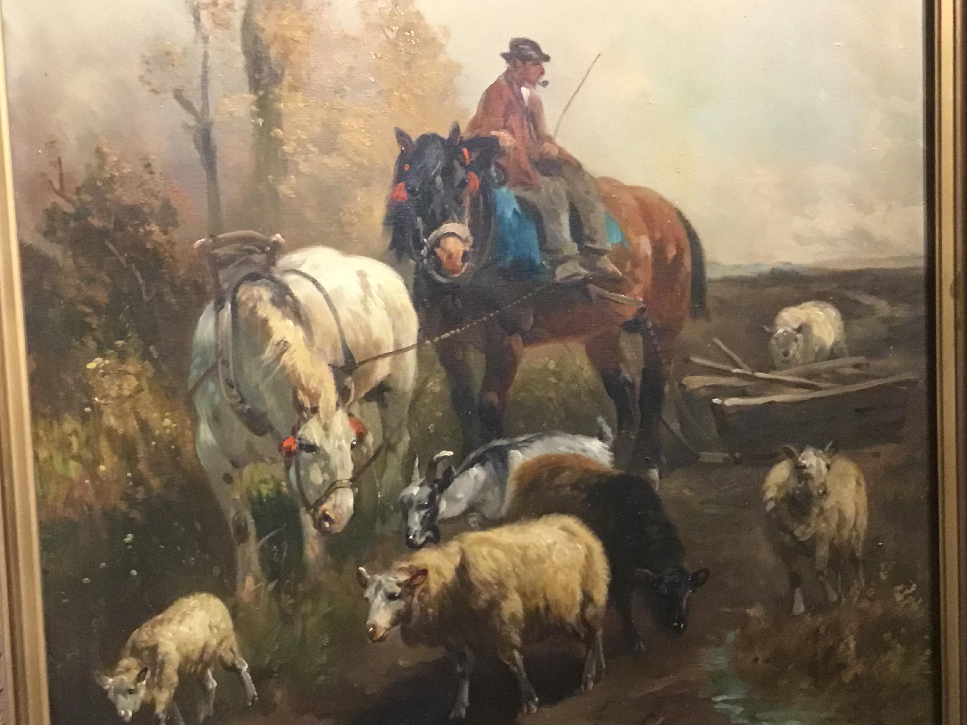 Oil Painting by Henri Schouten, Farm Scene with Farmer and Animals, 1857-1927 In Good Condition In Houston, TX