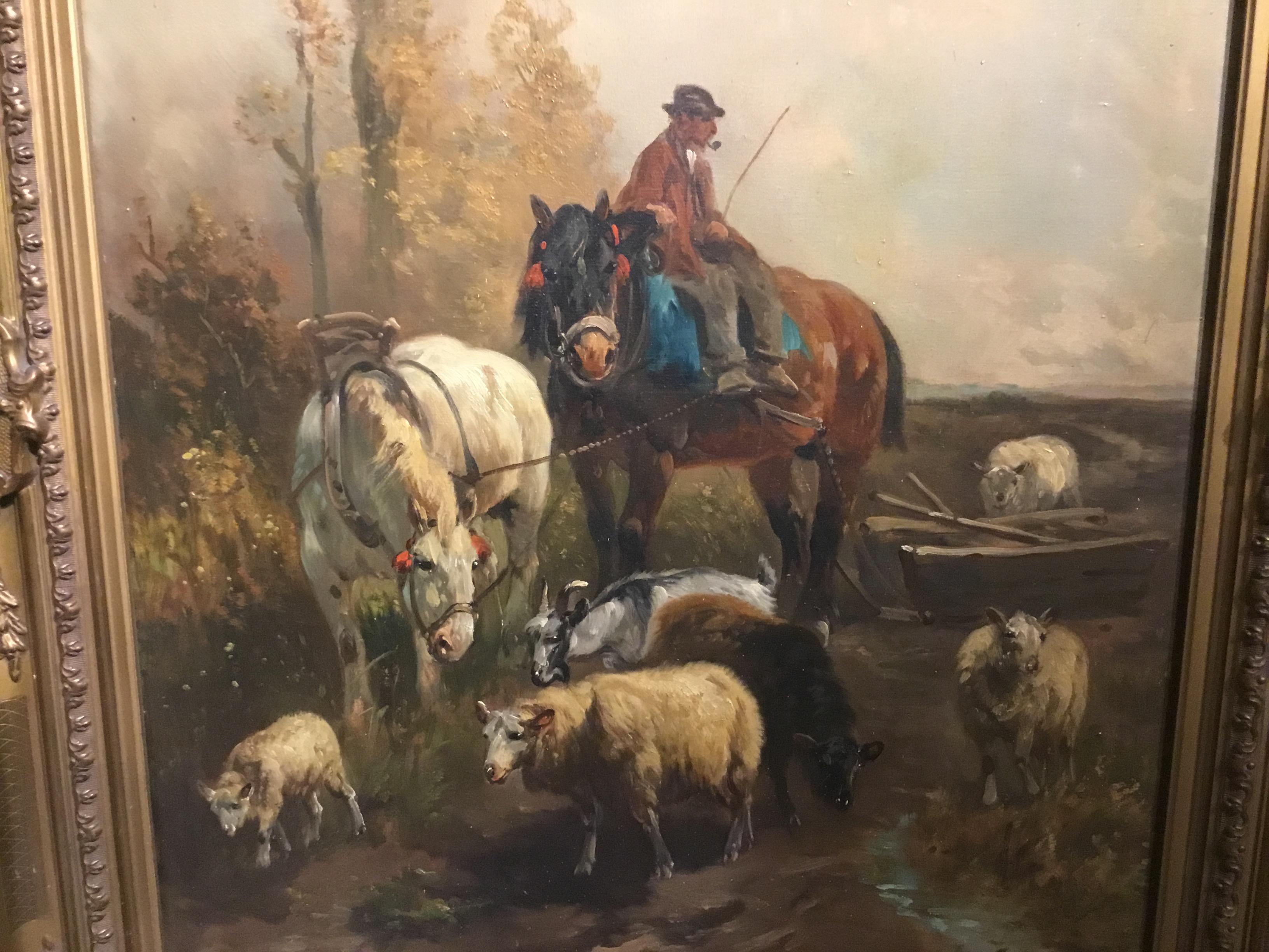 20th Century Oil Painting by Henri Schouten, Farm Scene with Farmer and Animals, 1857-1927