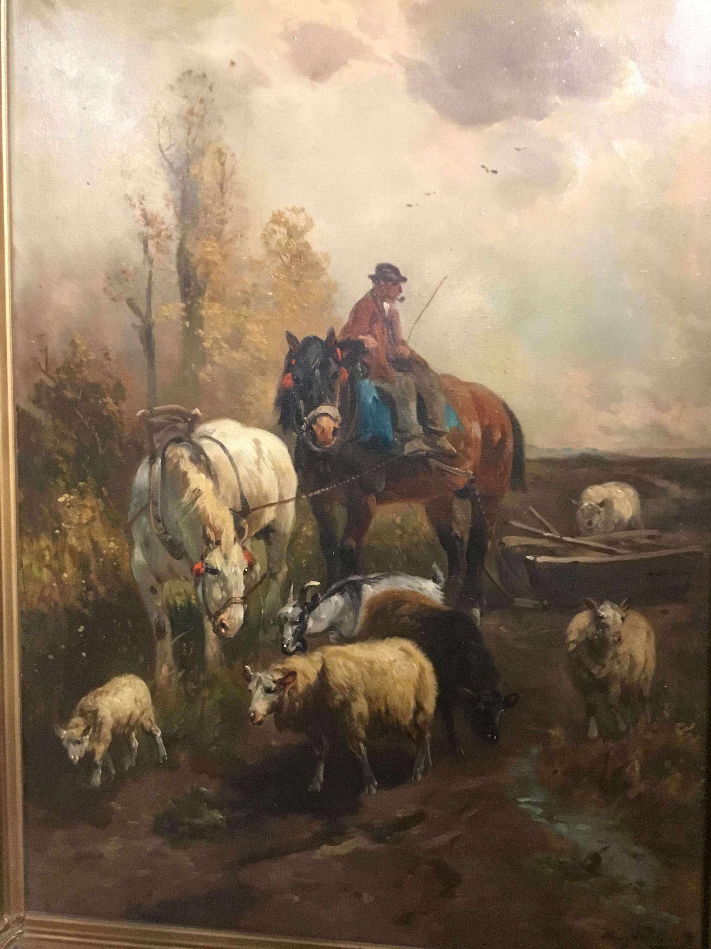 Oil Painting by Henri Schouten, Farm Scene with Farmer and Animals, 1857-1927 1