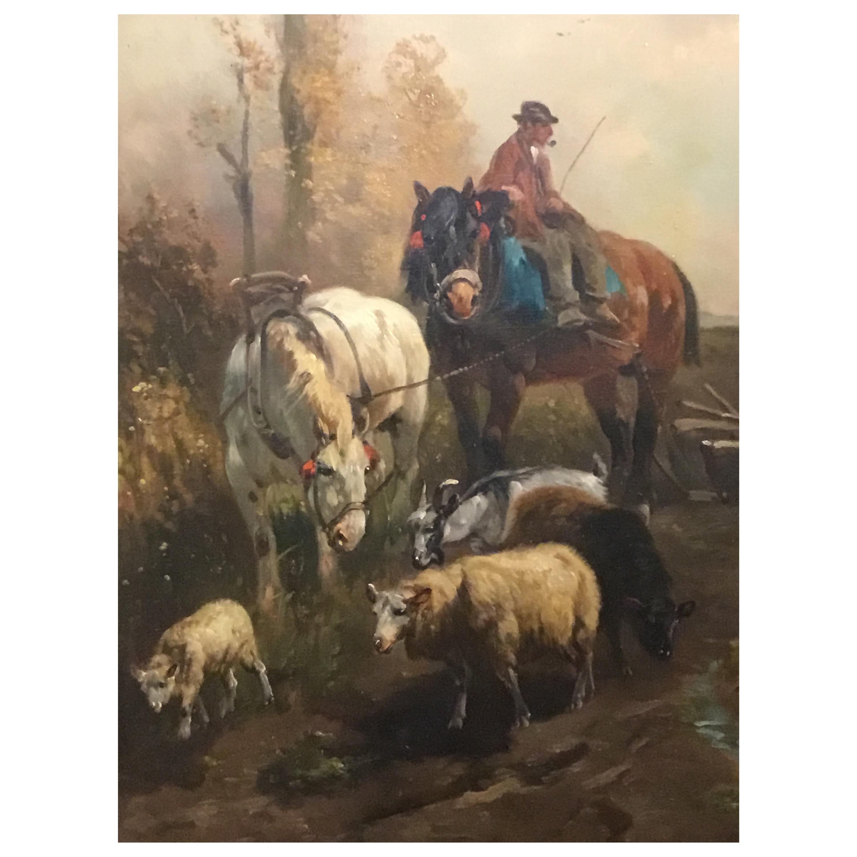 Oil Painting by Henri Schouten, Farm Scene with Farmer and Animals, 1857-1927