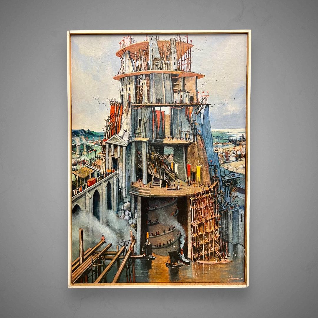 Peinture à l'huile de Jean Thomas (1923- 2019) : « Une vie religieuse : Tour de Babel » en vente 1