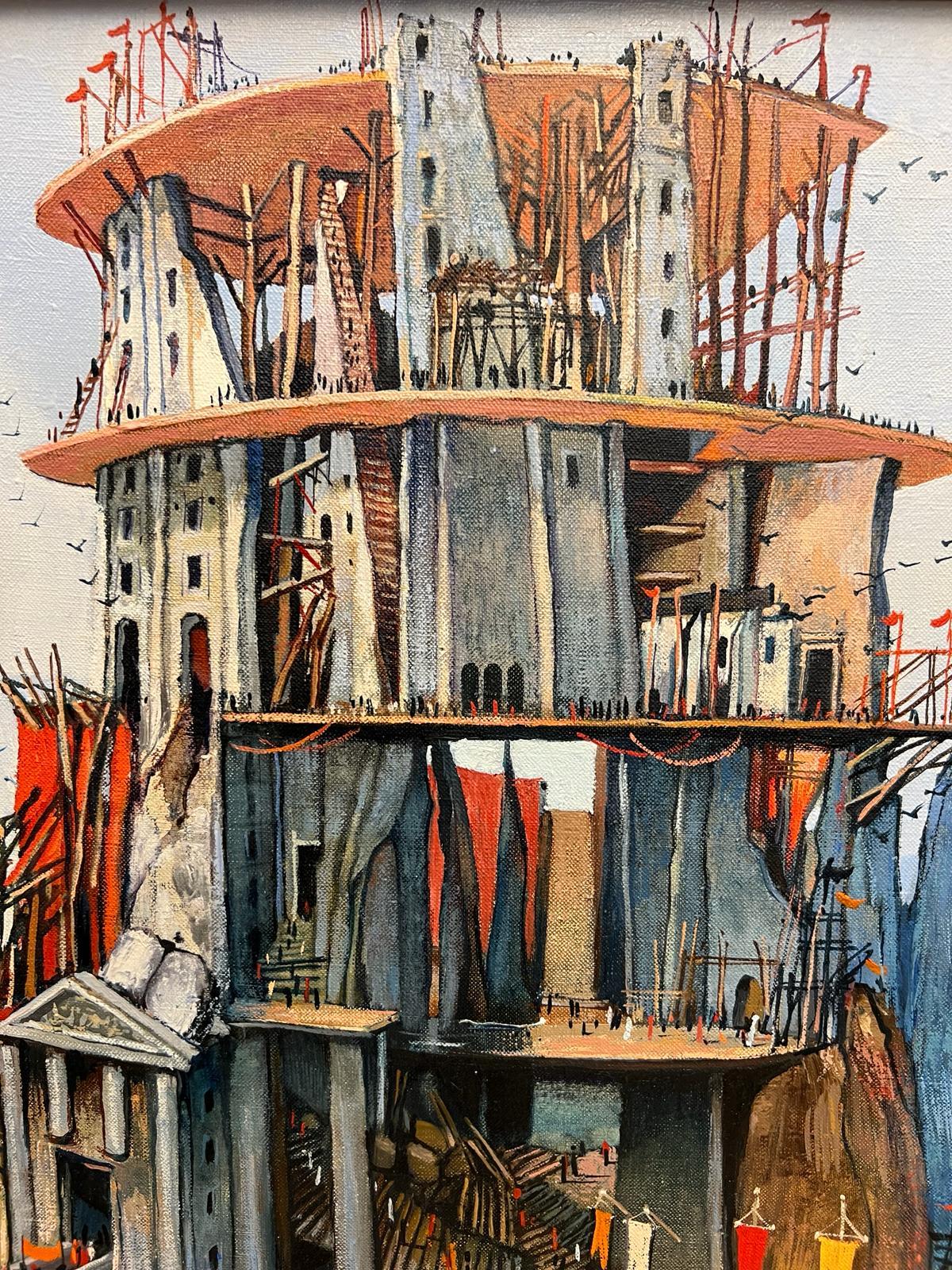 Moderne Peinture à l'huile de Jean Thomas (1923- 2019) : « Une vie religieuse : Tour de Babel » en vente