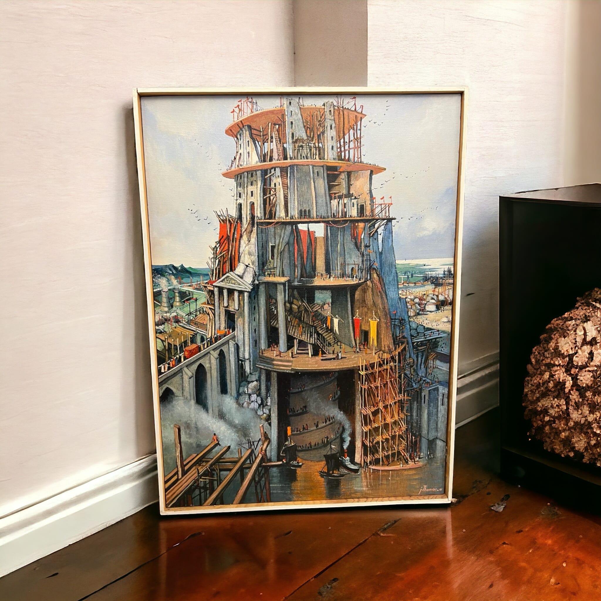 Toile Peinture à l'huile de Jean Thomas (1923- 2019) : « Une vie religieuse : Tour de Babel » en vente