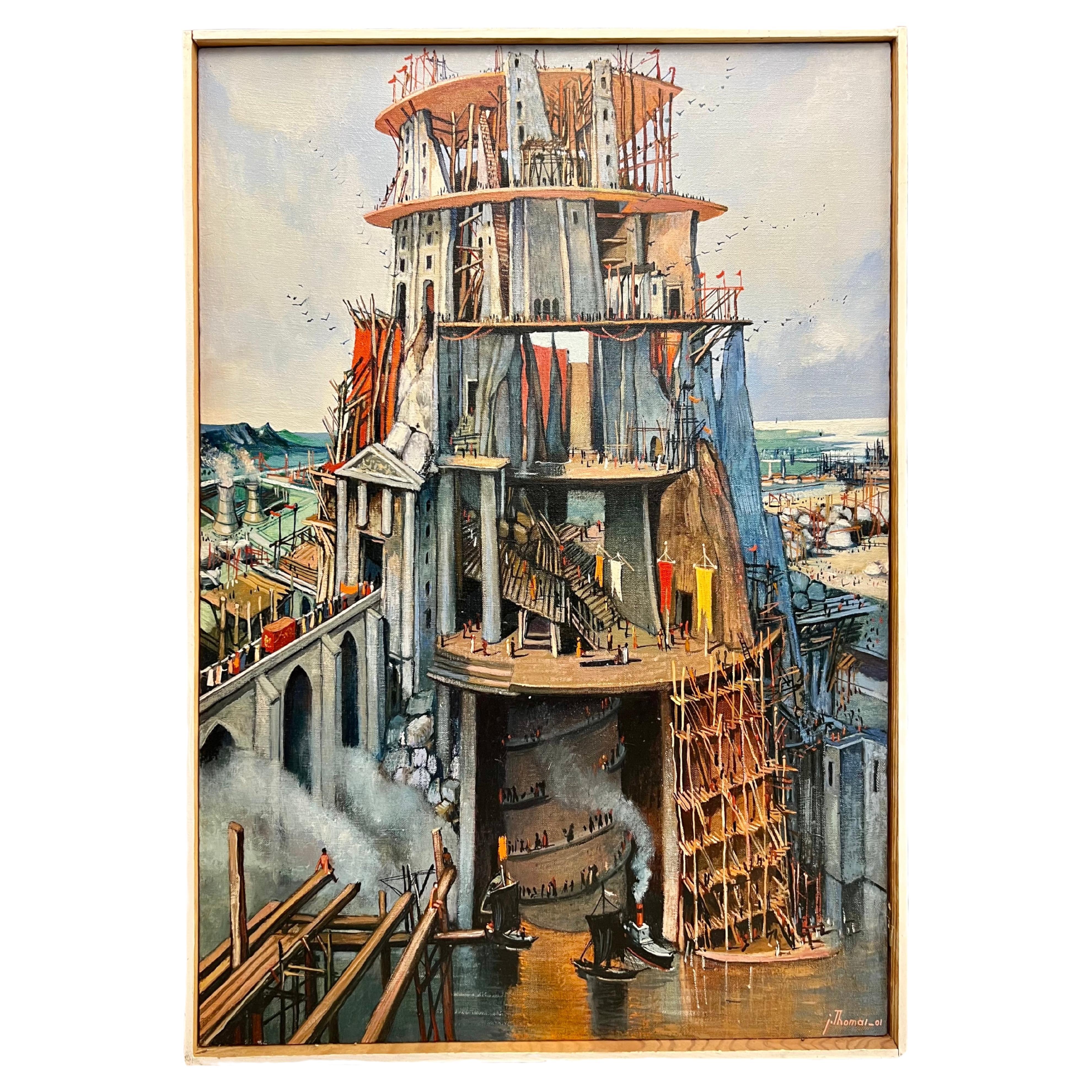 Peinture à l'huile de Jean Thomas (1923- 2019) : « Une vie religieuse : Tour de Babel » en vente