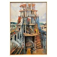 Peinture à l'huile de Jean Thomas (1923- 2019) : « Une vie religieuse : Tour de Babel »